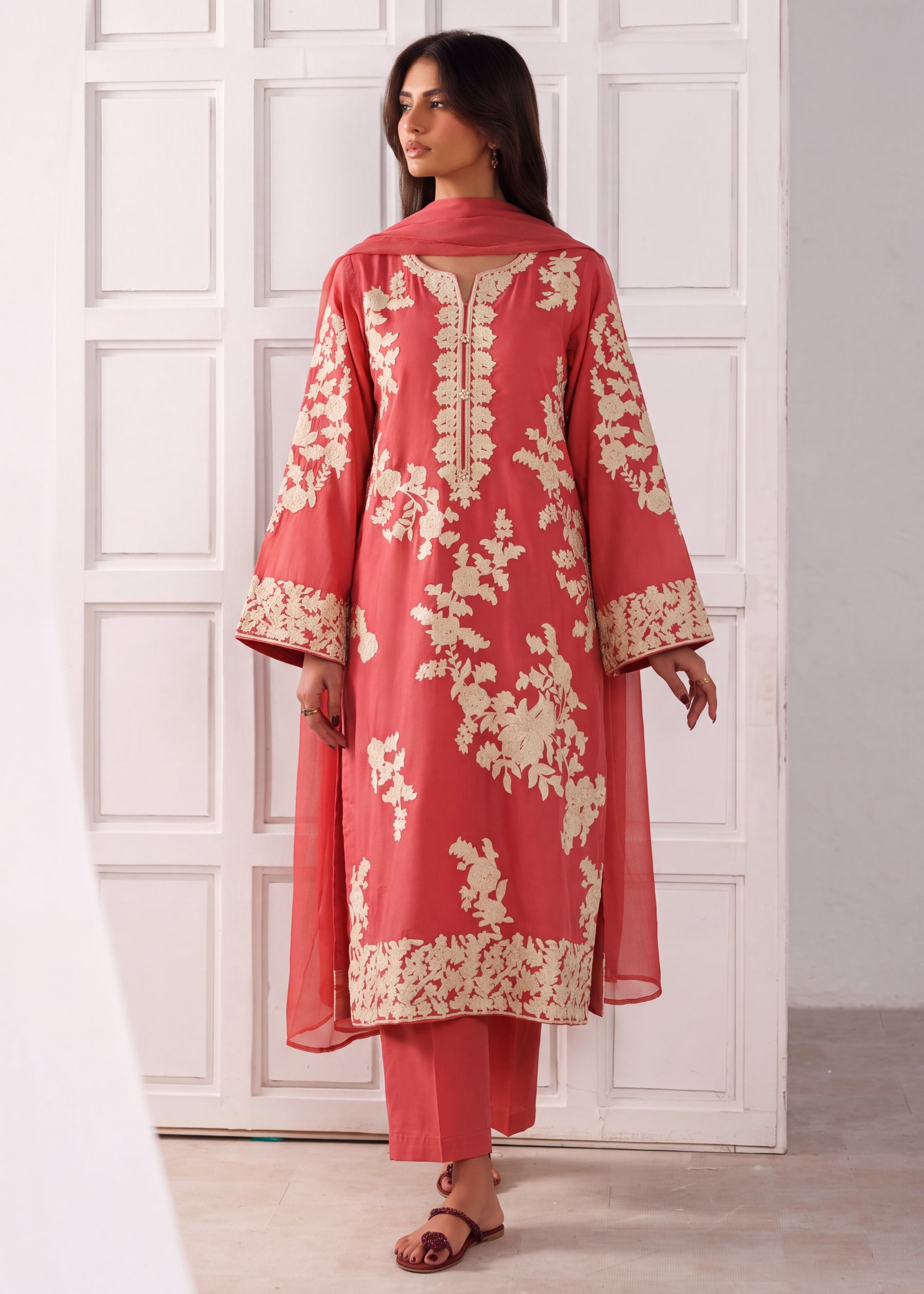 linen Kurta Set in Watermelon pink