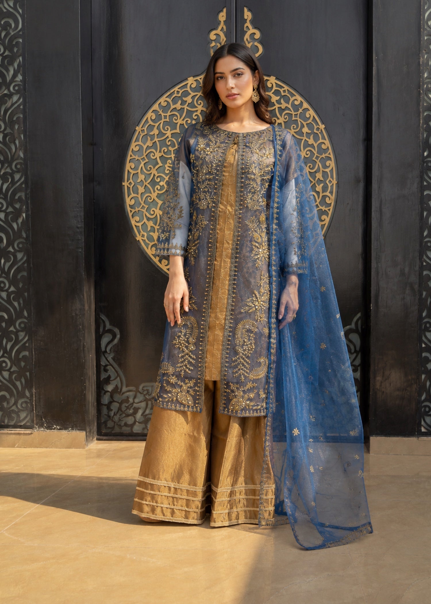 silk Gown in Blue, camel brown