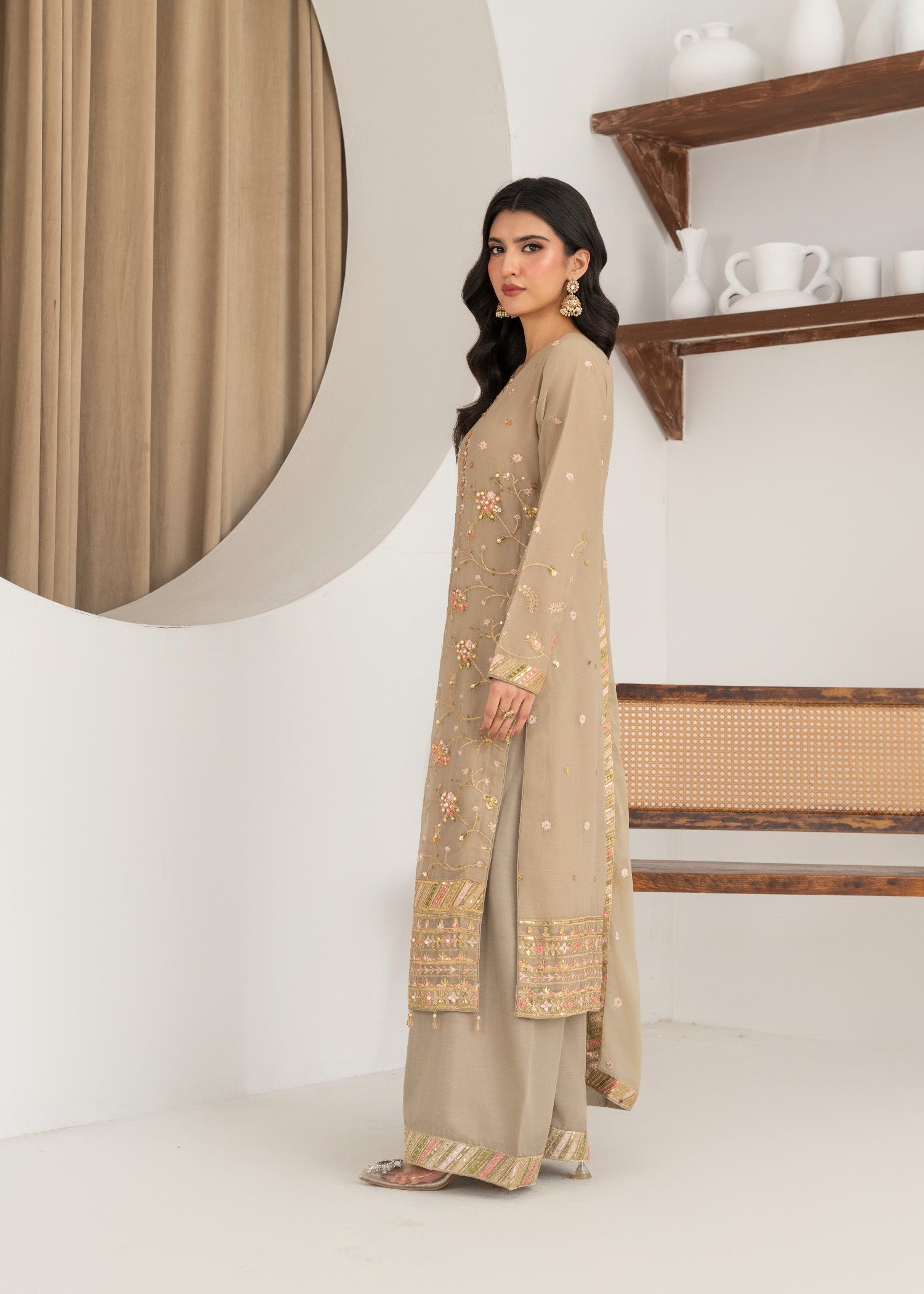 crinkle chiffon Kurta Set in Beige