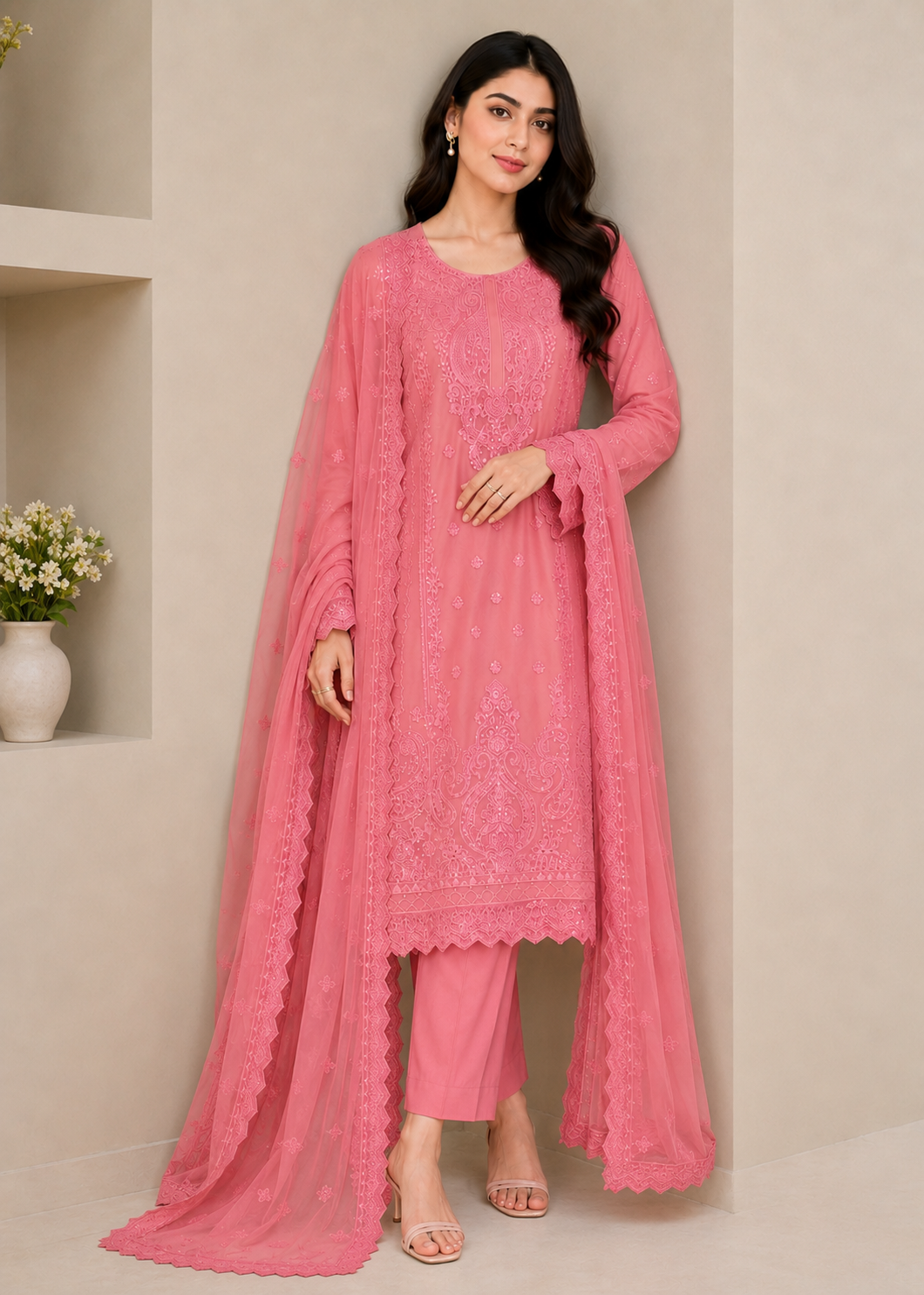 chiffon Kurta Set in Rose pink