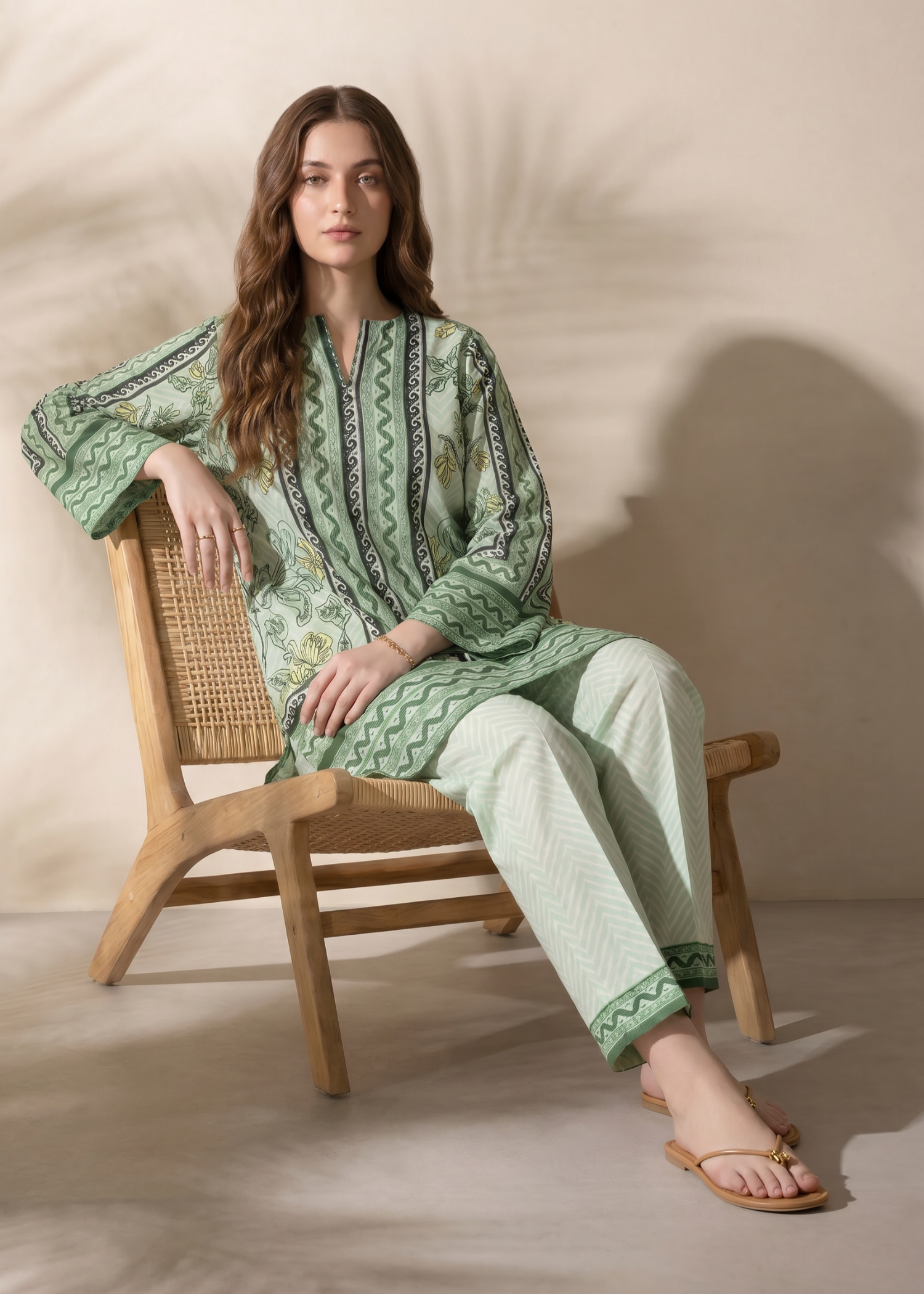 cross hetch Kurta Set in Moss green