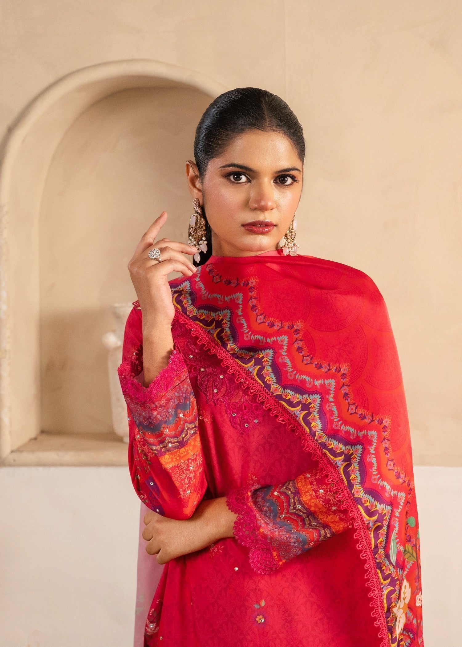 silk crepe Kurta Set in Hot pink