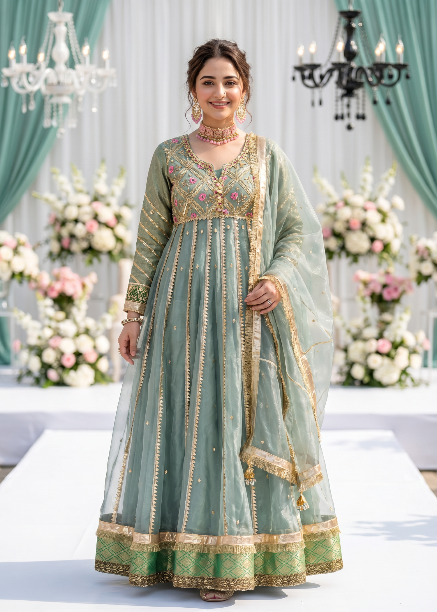 organza Pishwas in Pastel green