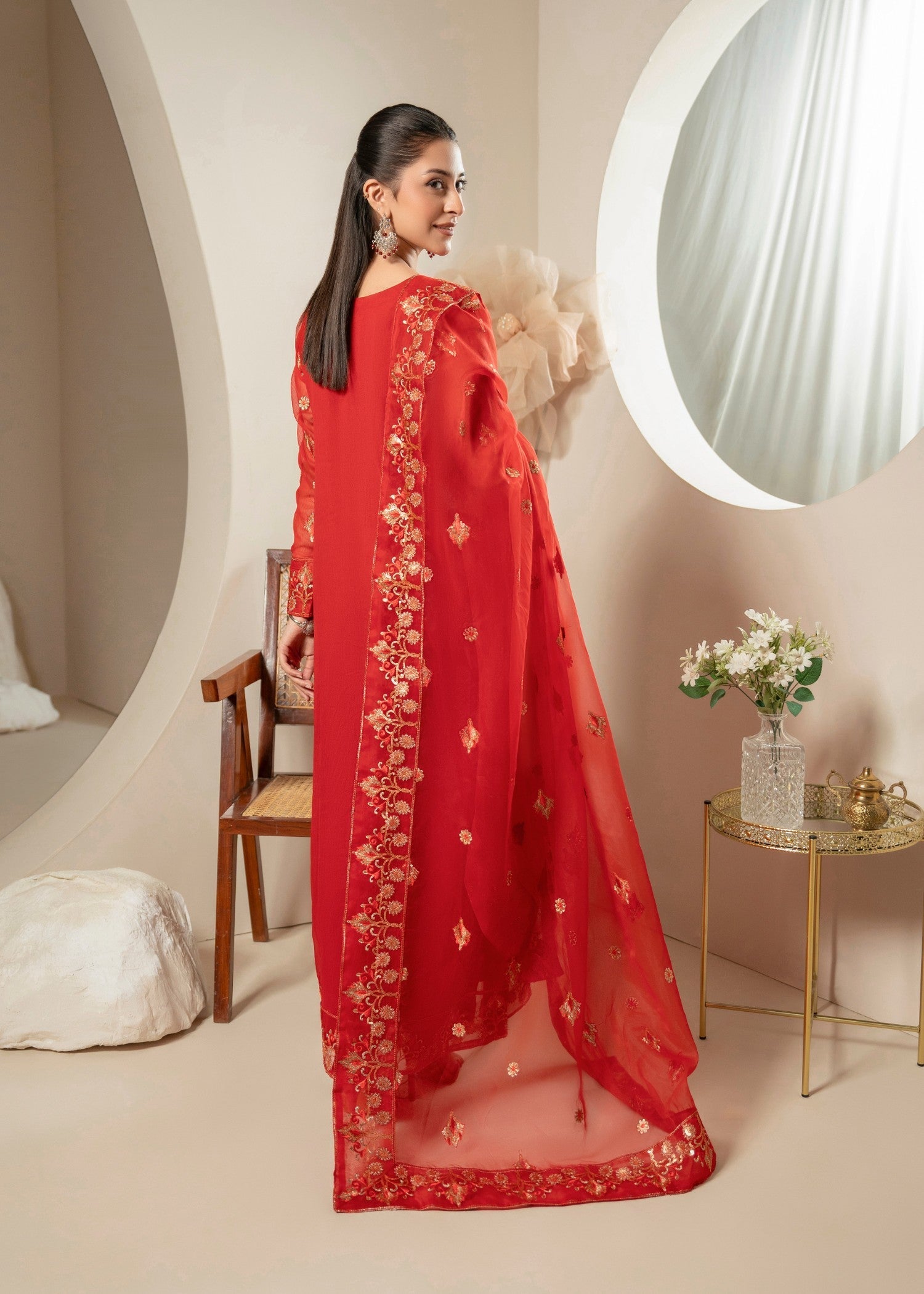 chiffon Kurta Set in Tomato red