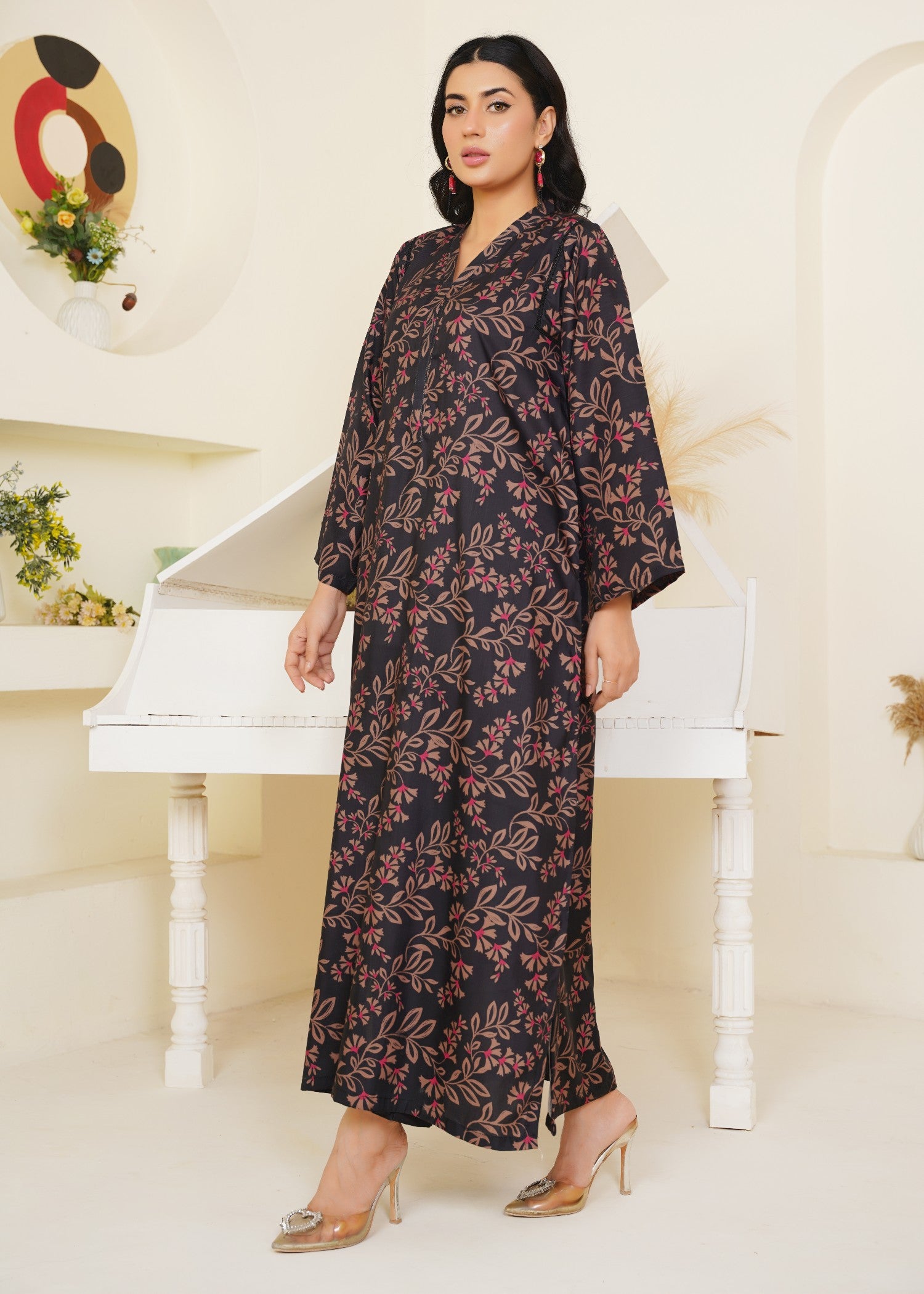 pk raw silk Kaftan in Charcoal black