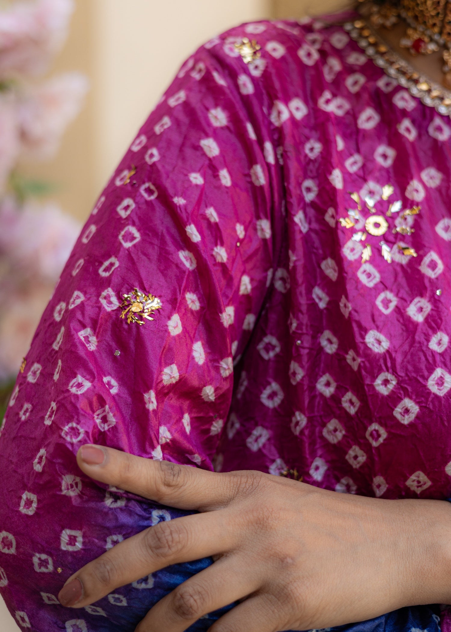silk crepe Kurta Set in Indigo, magenta haze