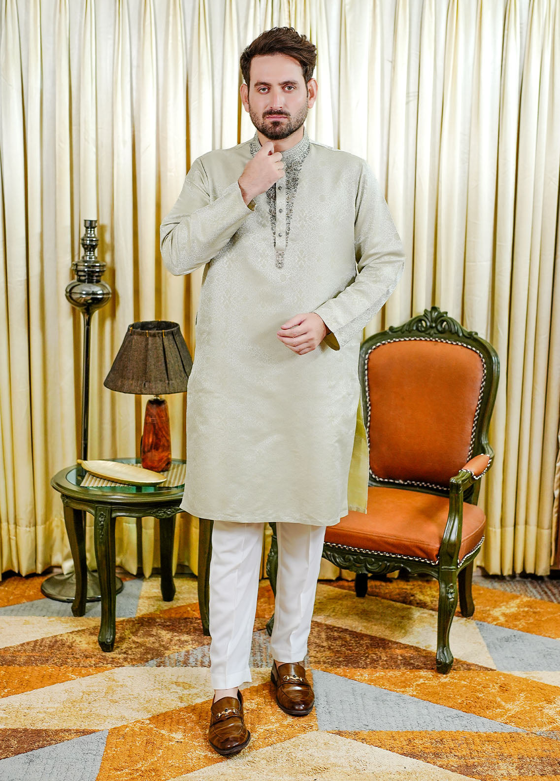 traditional jamawar Kurta in Silver