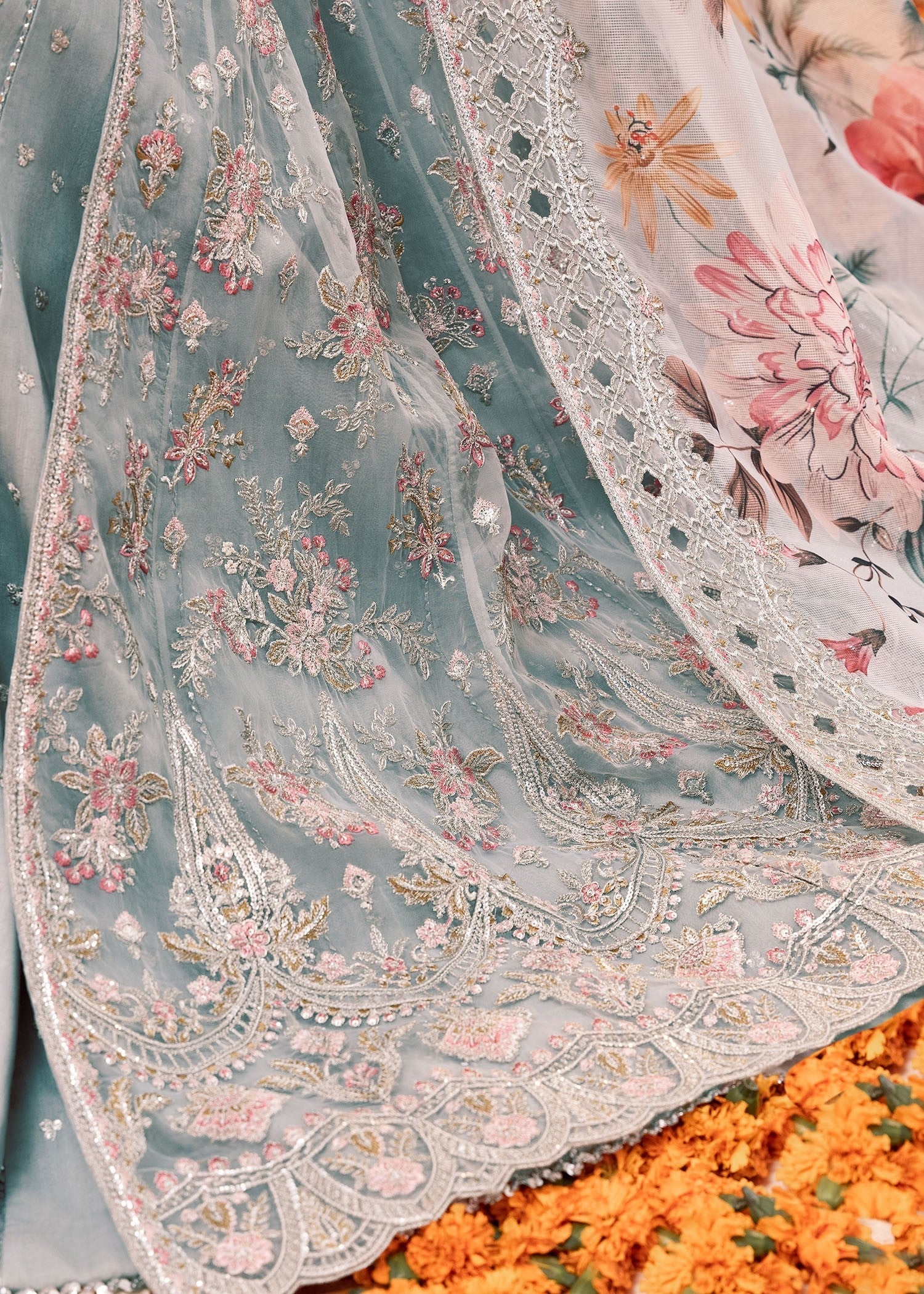 organza Pishwas in Ice blue