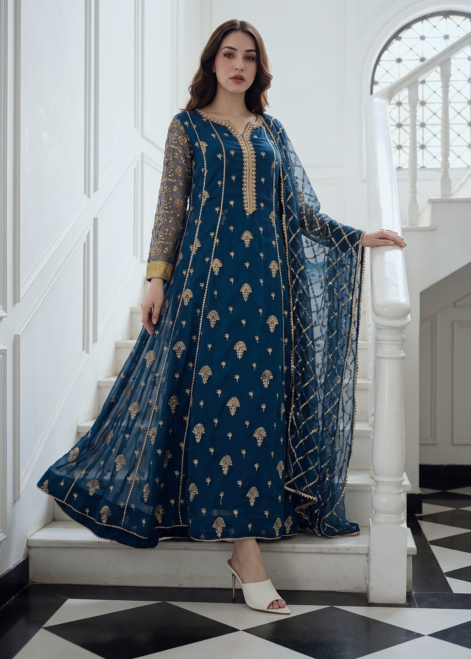 chiffon Anarkali in Prussian blue, twilight blue