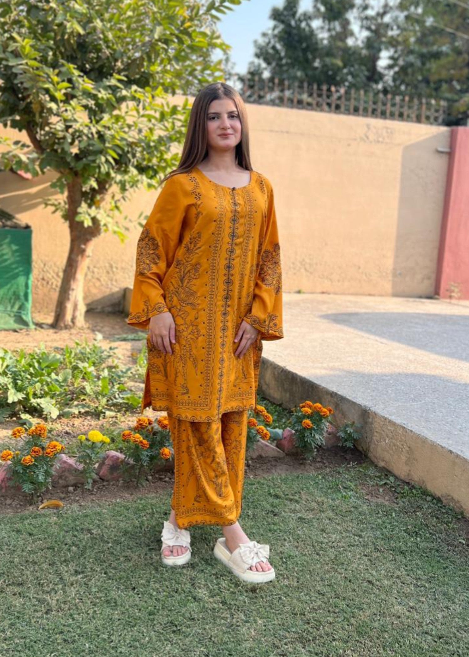 arabic lawn Co Ord Sets in Mustard