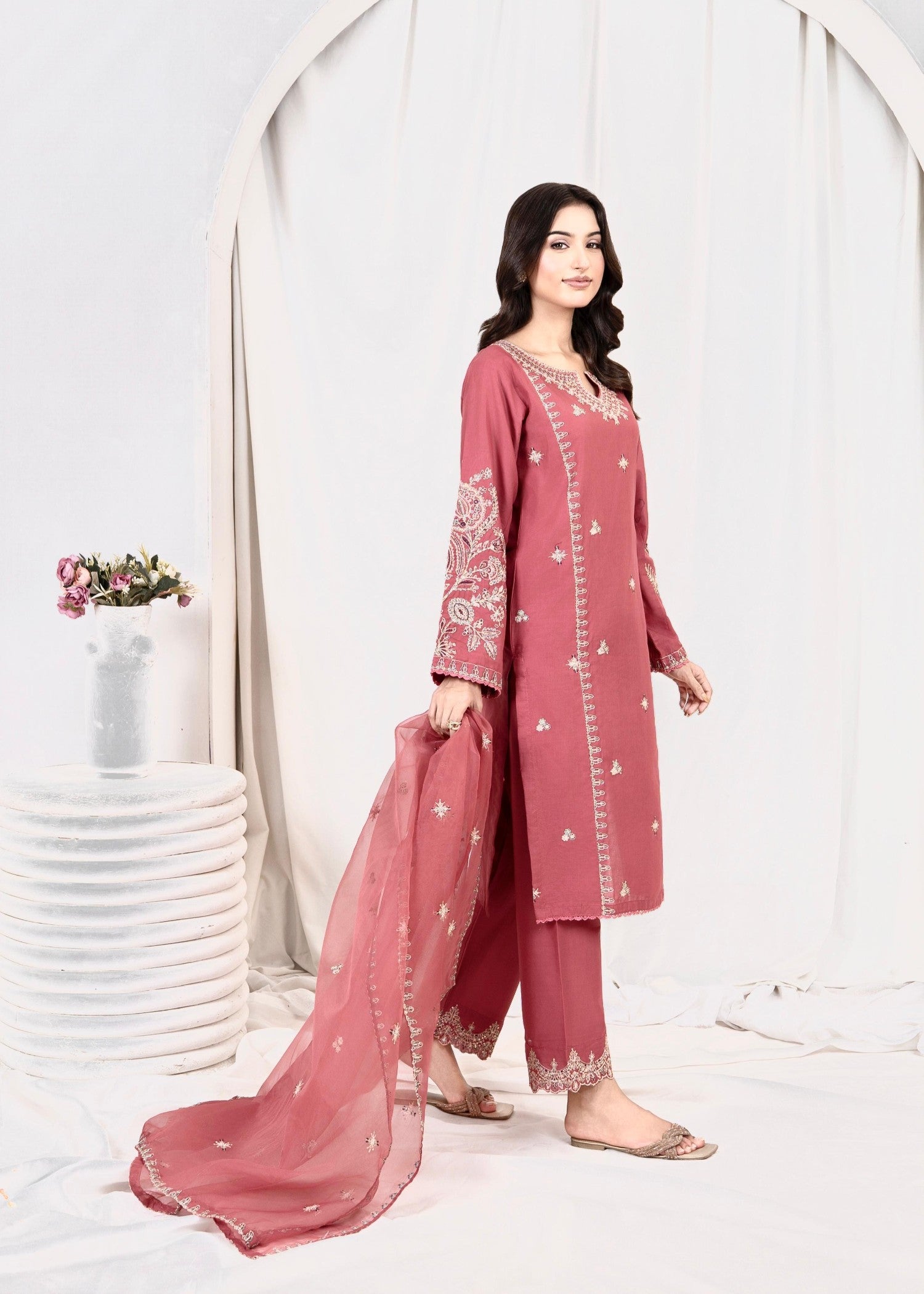 lawn Kurta Set in Melon pink