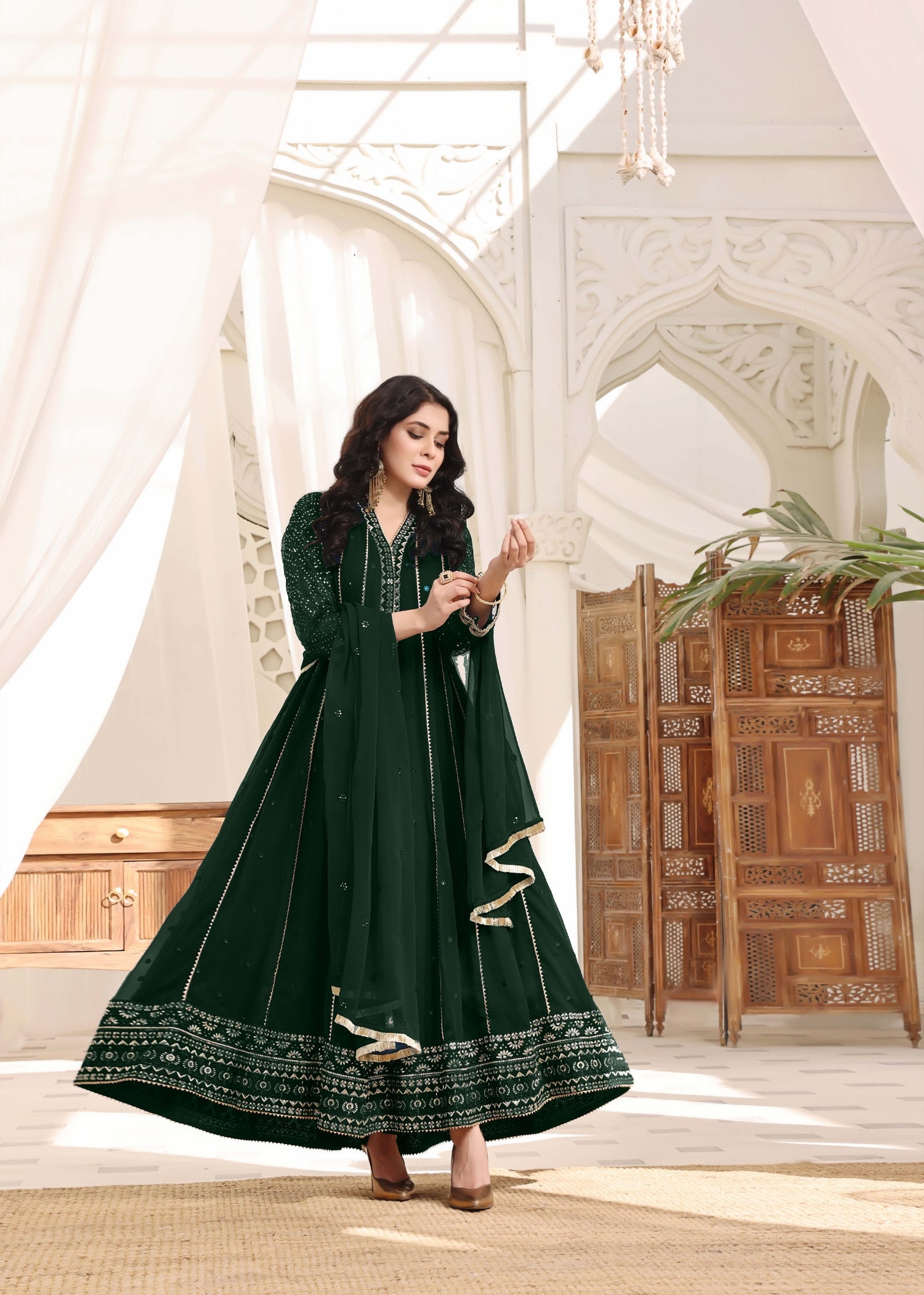 chiffon Anarkali in Dark green