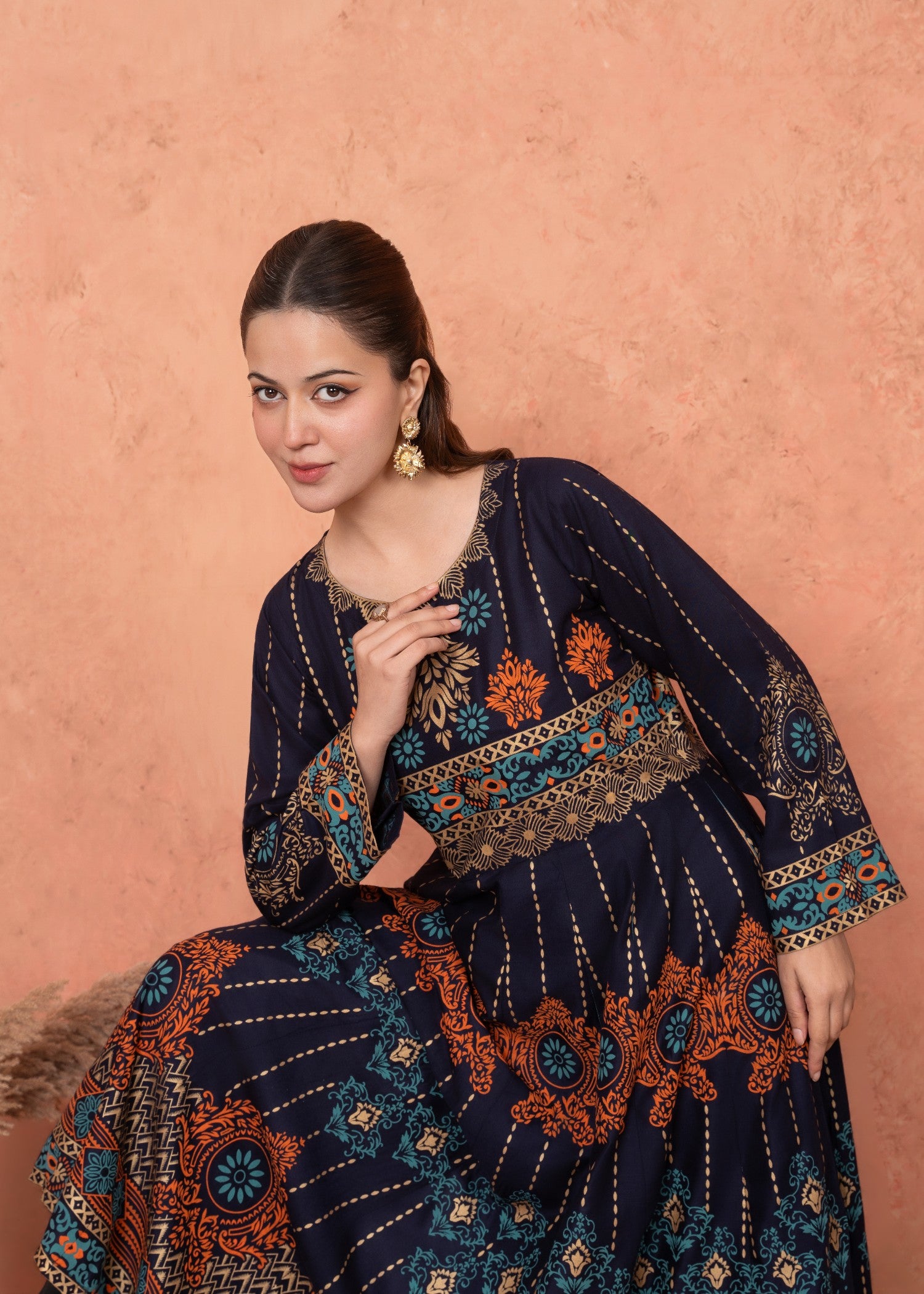 linen Anarkali in Navy blue