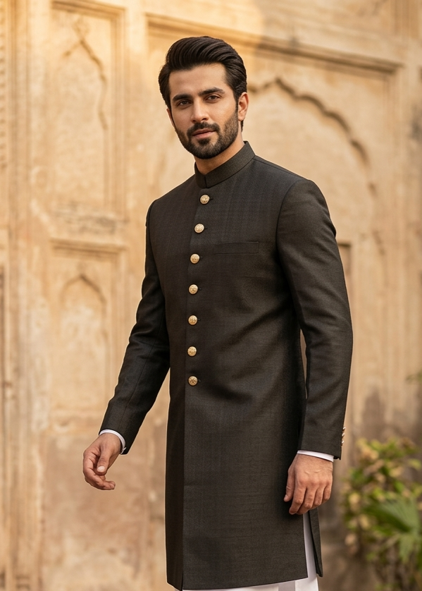 jamawar jacquard Sherwani in Army green