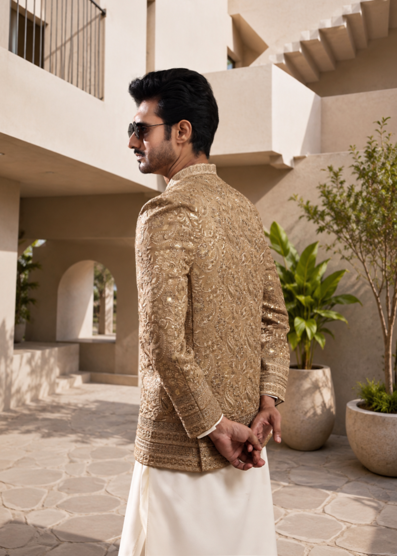 jamawar Prince Coat in Tan brown