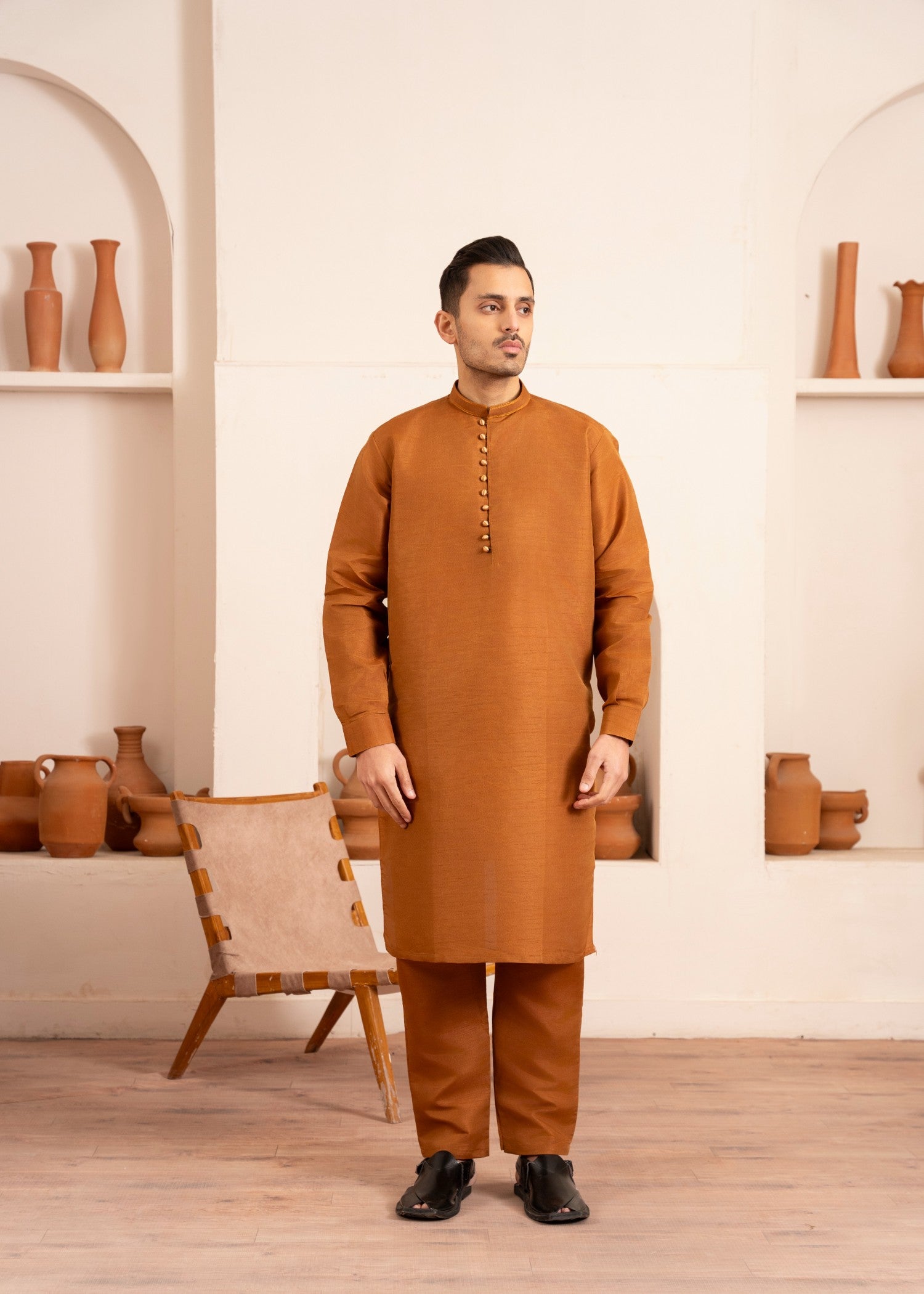 raw silk Kurta Set in Rust orange