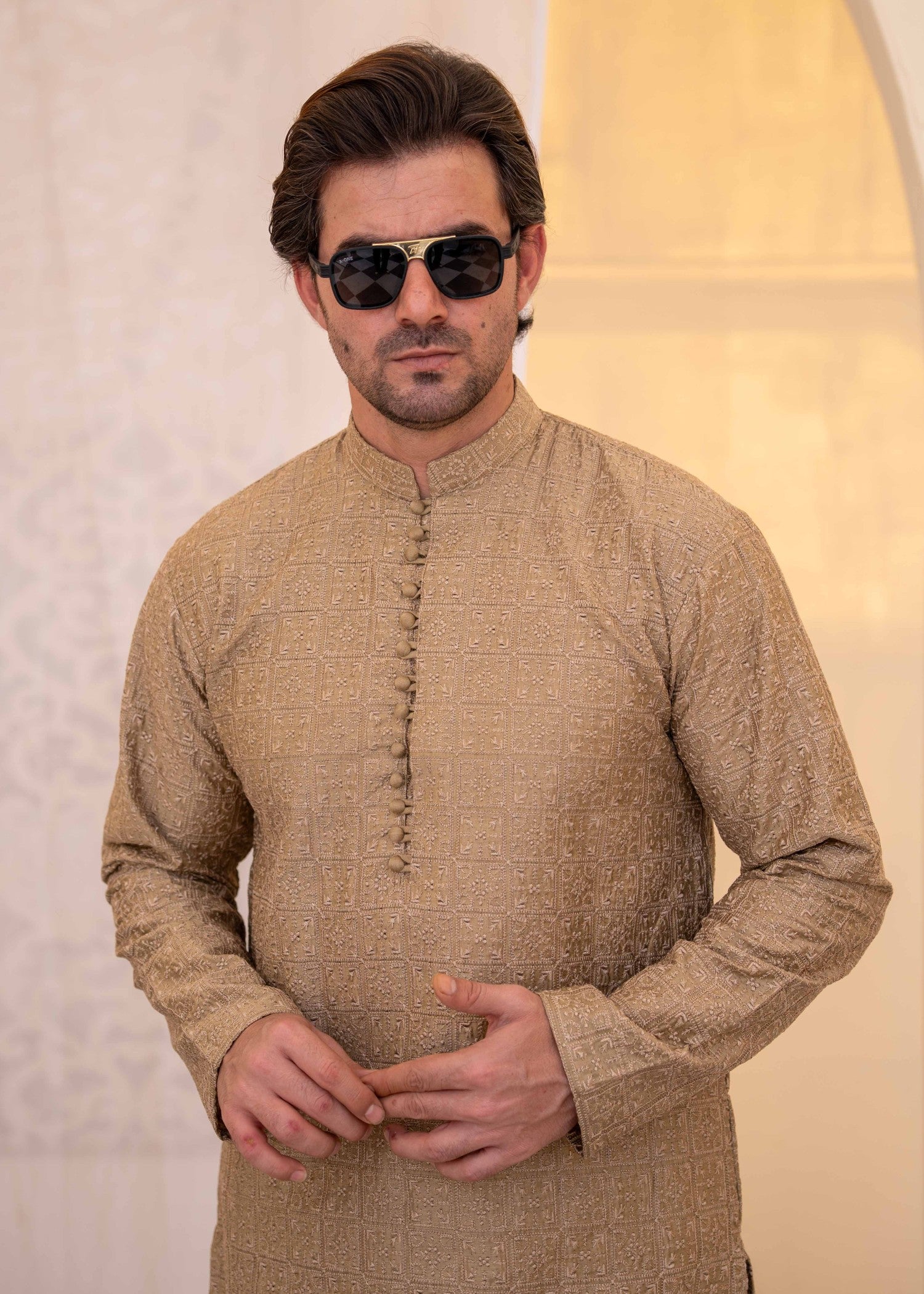 cotton silk Kurta Set in Khaki brown, golden brown