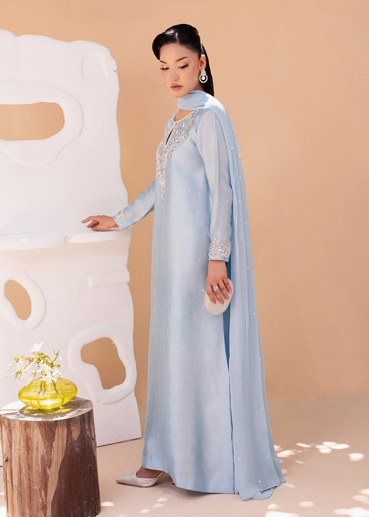 tussar silk Kaftan in Cloud blue