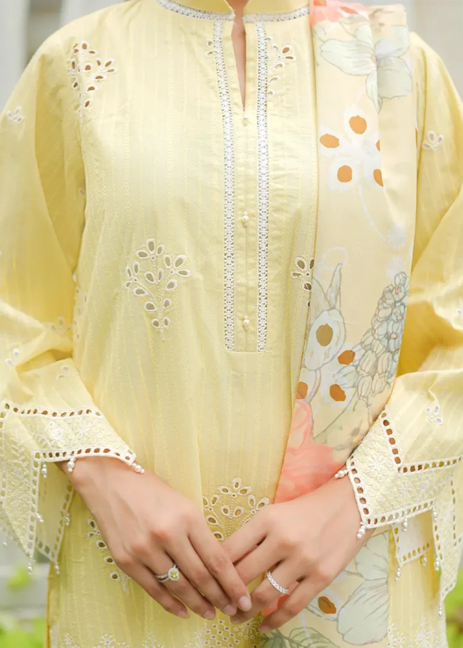textured lawn Kurta Set in Yellow