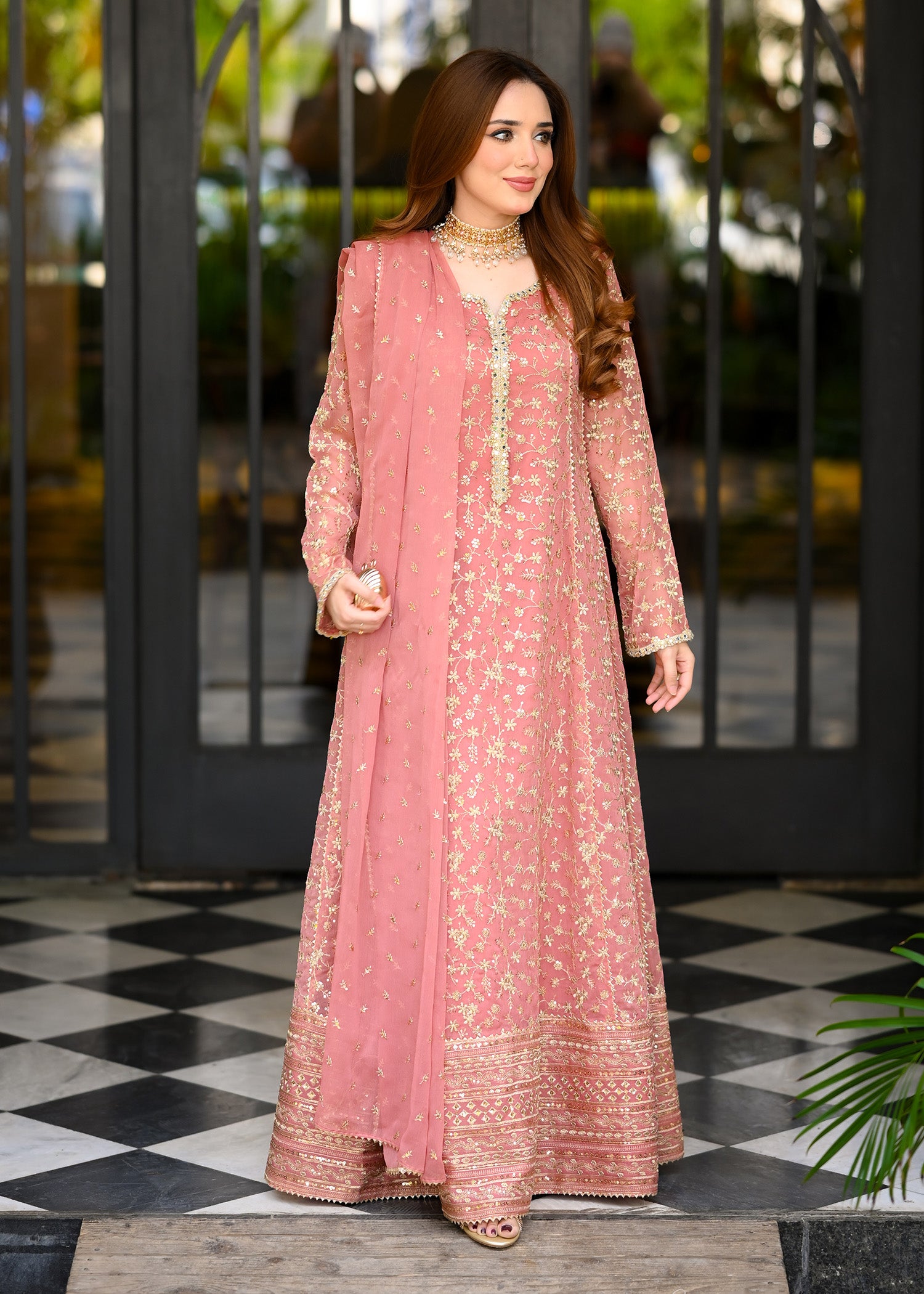 chiffon Pishwas in Coral pink