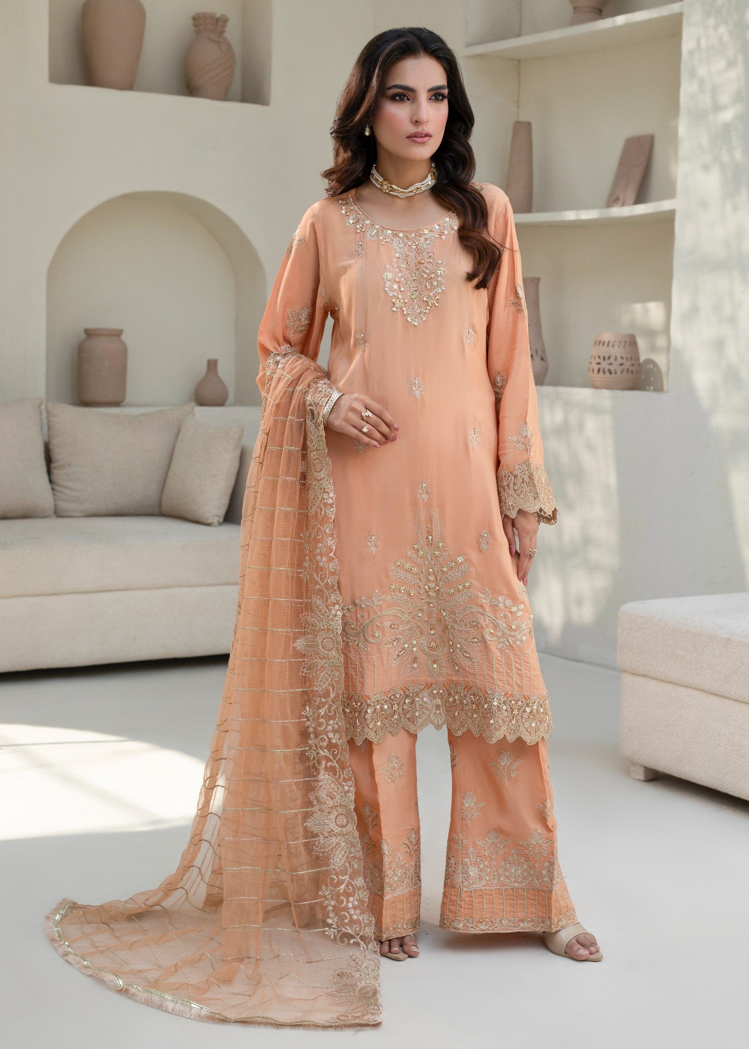 pure silk Kurta Set in Peach pink