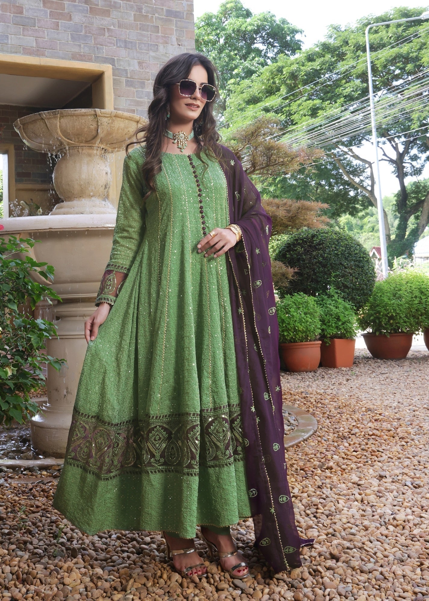 chiffon Pishwas in Pistachio green