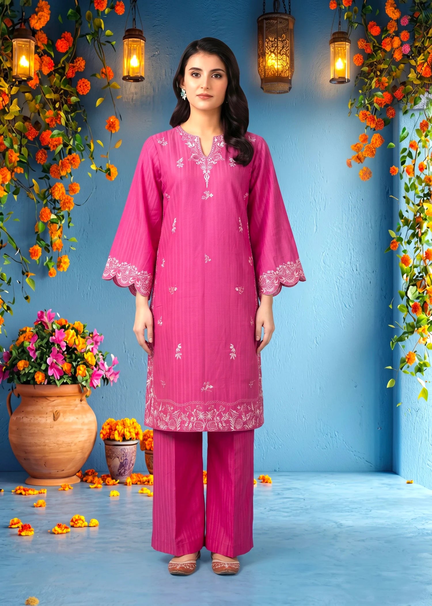 textured lawn Kurti in Hot pink