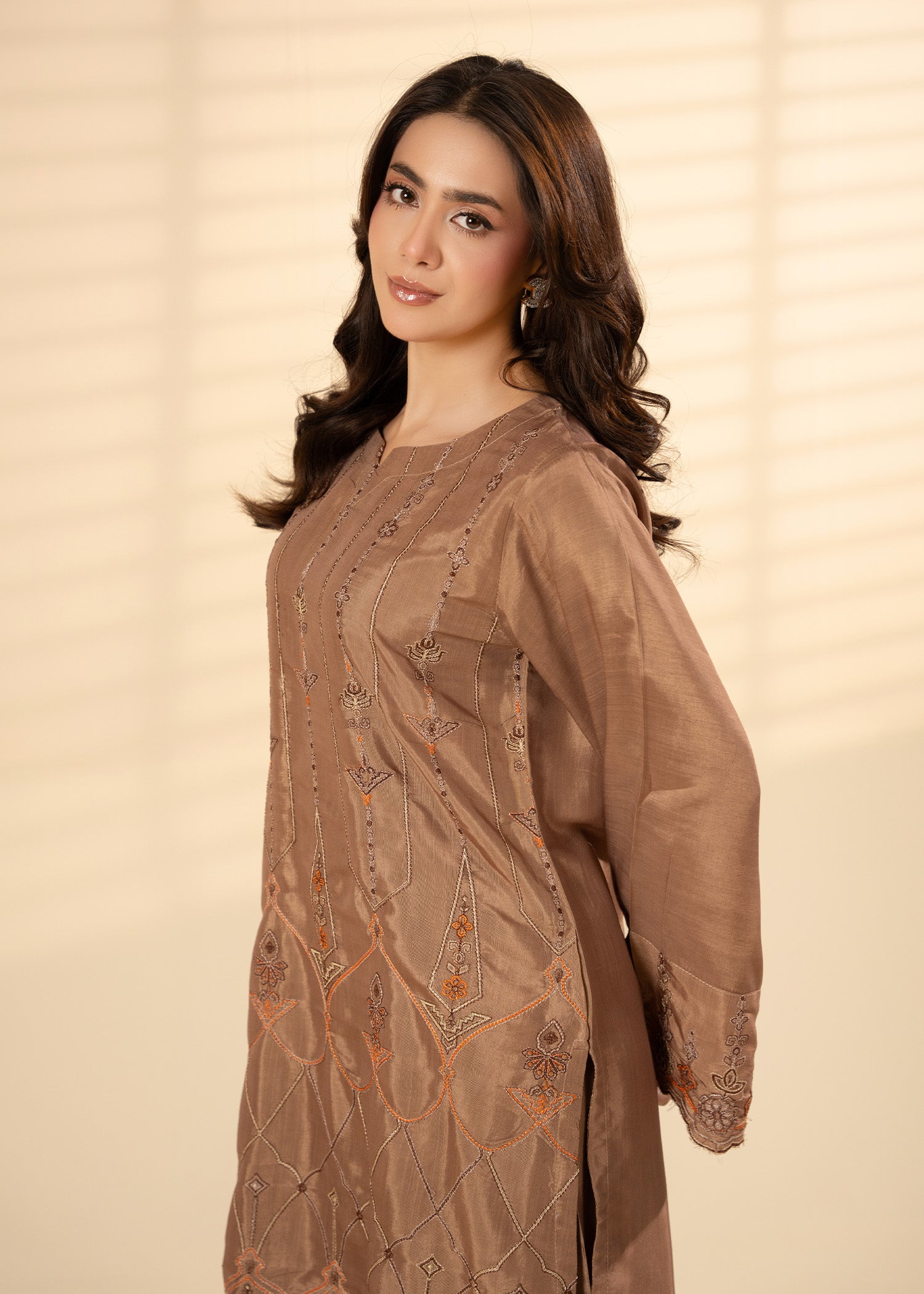 viscose raw silk Kurta Set in Brown