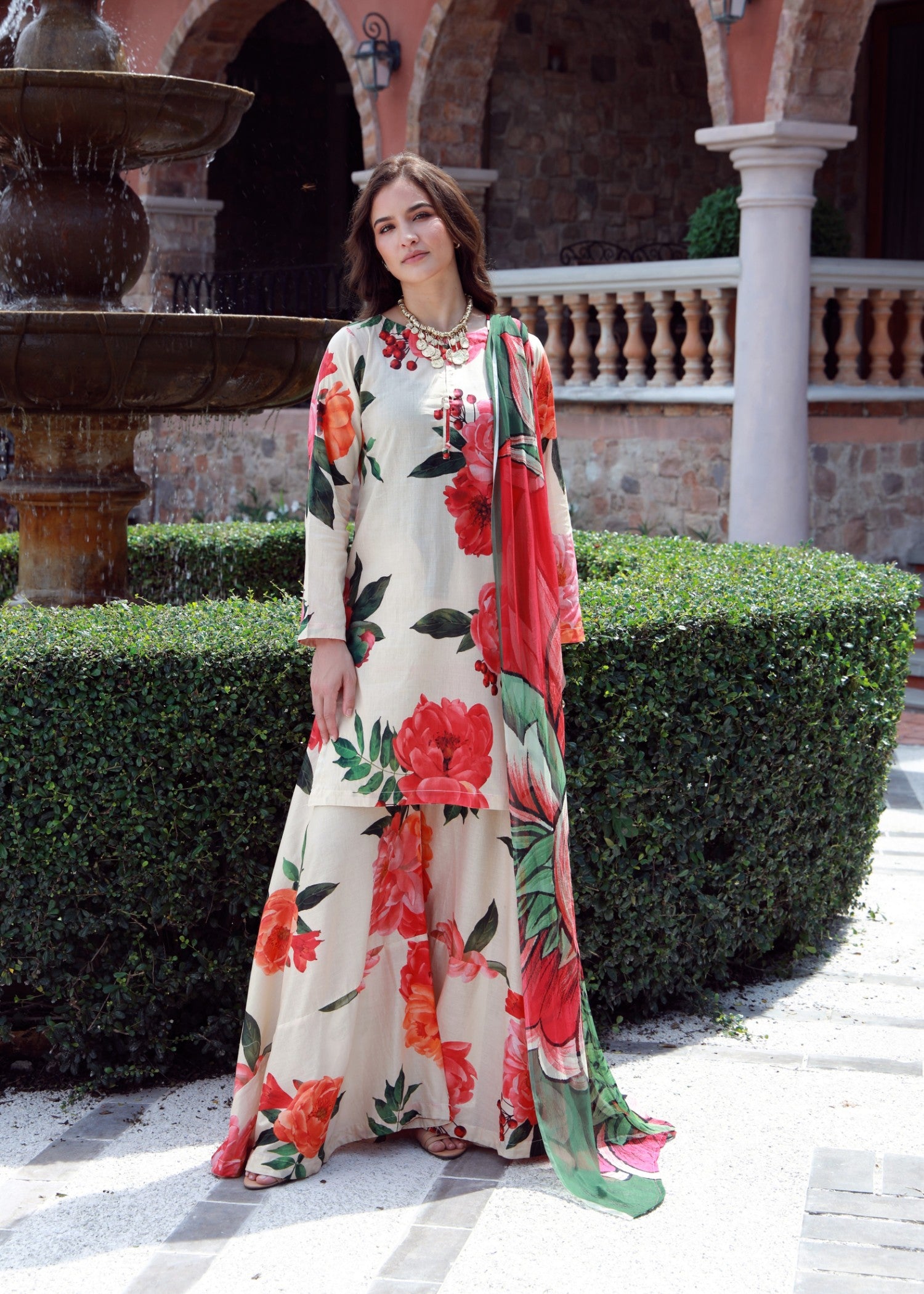 lawn Sharara in Red, white
