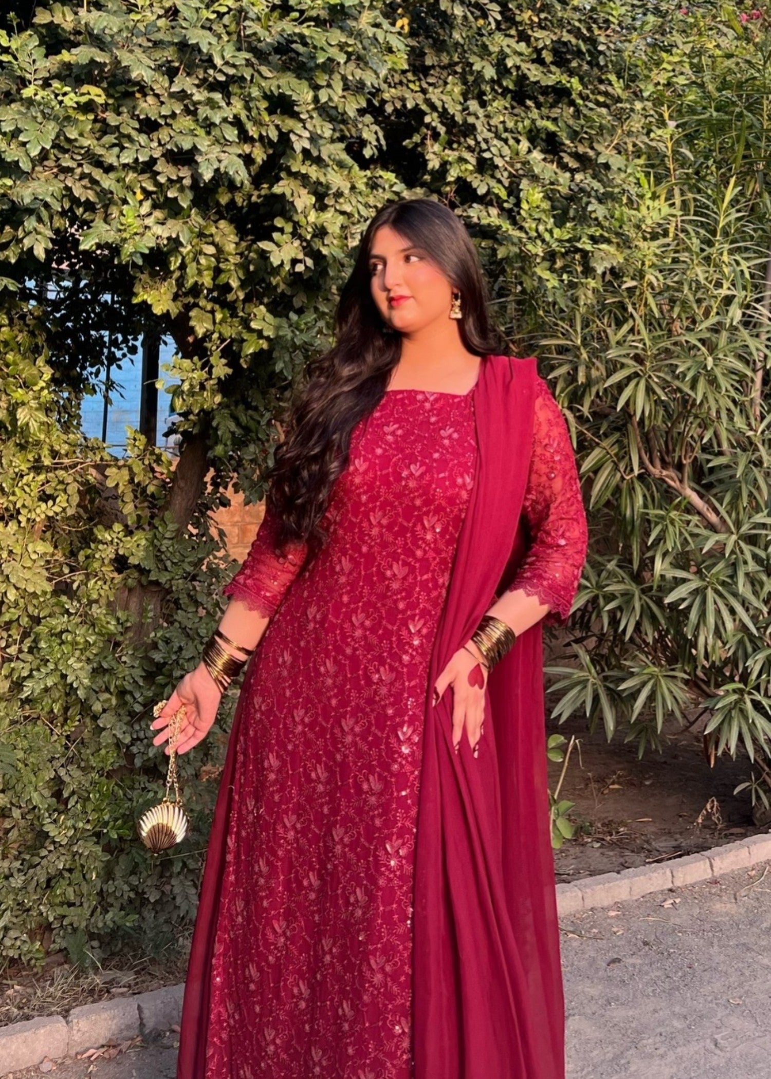 bemberg crinkle chiffon Sharara in Maroon
