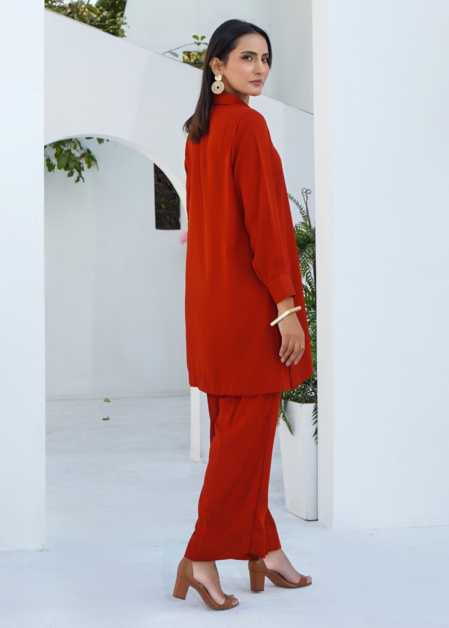 silk georgette Co Ord Sets in Rustic red