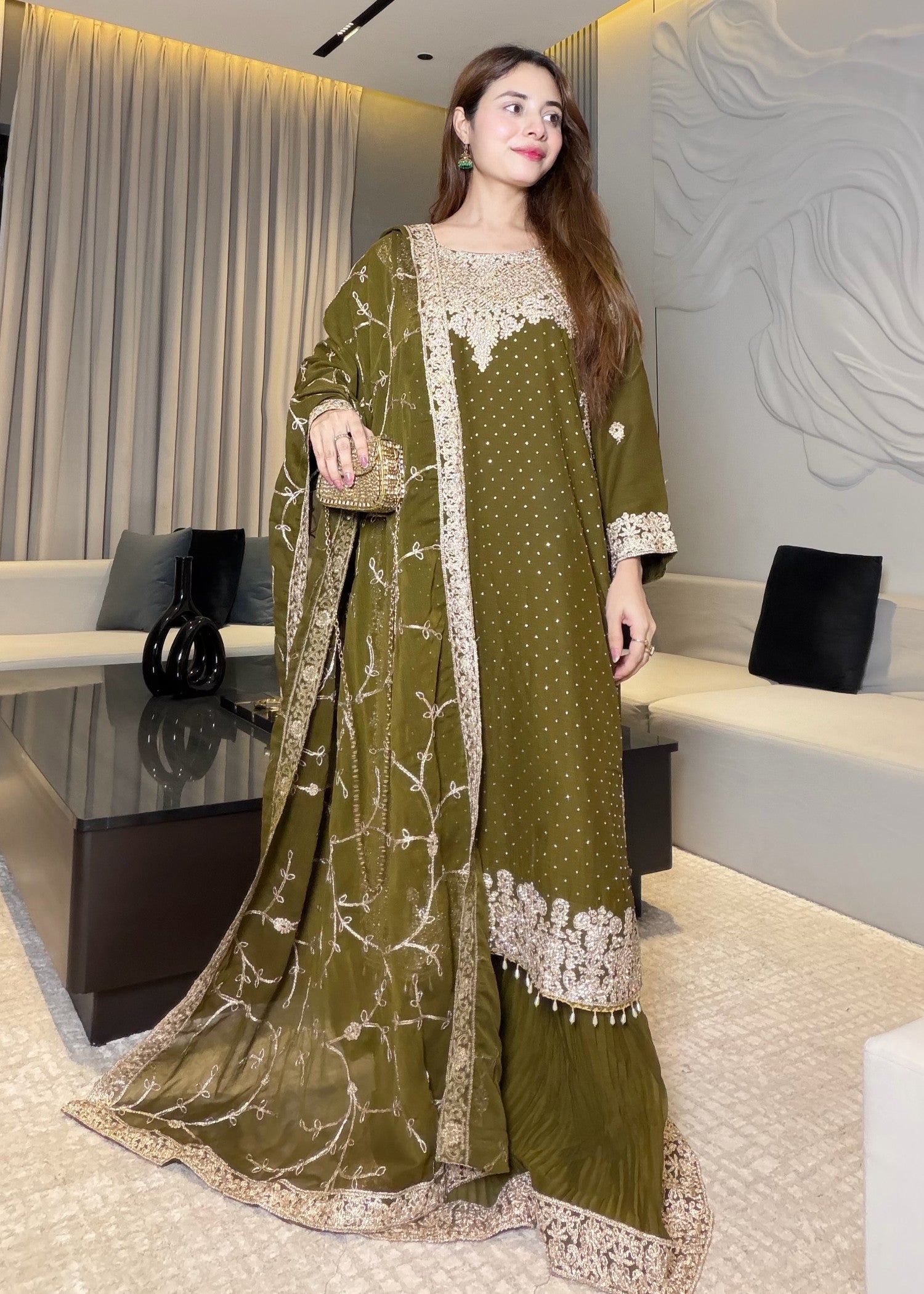 chiffon Sharara in Olive green
