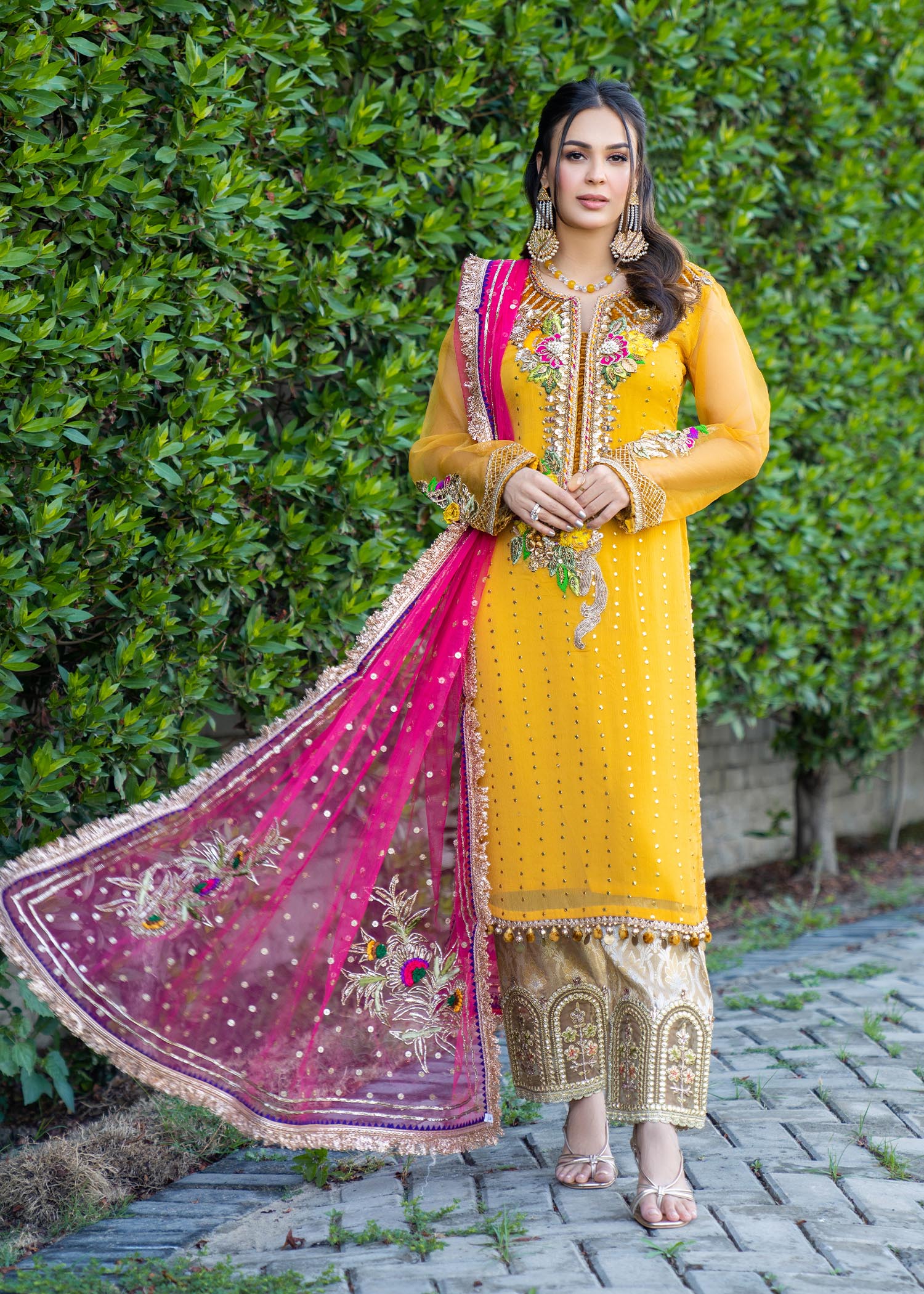 crinkle chiffon Kurta Set in Mustard