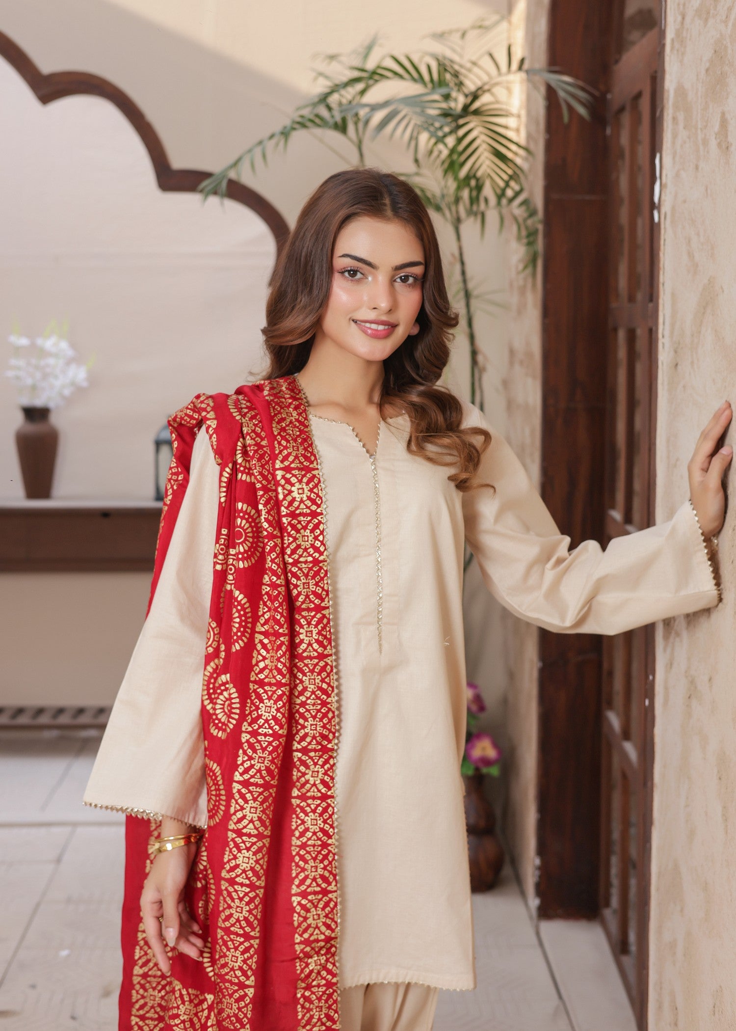 cambric Kurta Set in Fire red