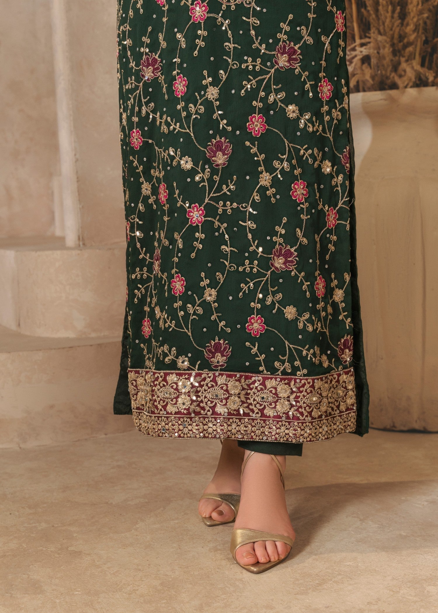 chiffon Kurta Set in Dark green