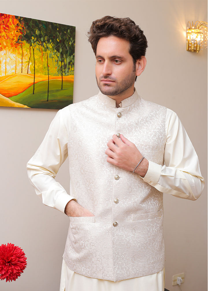 banarsi silk Waistcoat in Pearl white