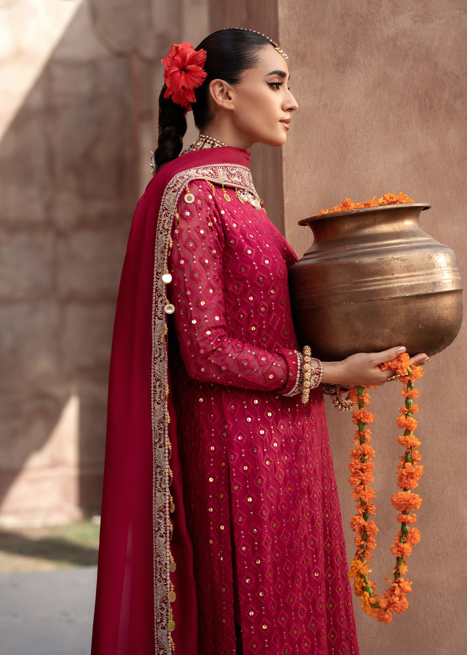 chiffon Kurta Set in Fire red