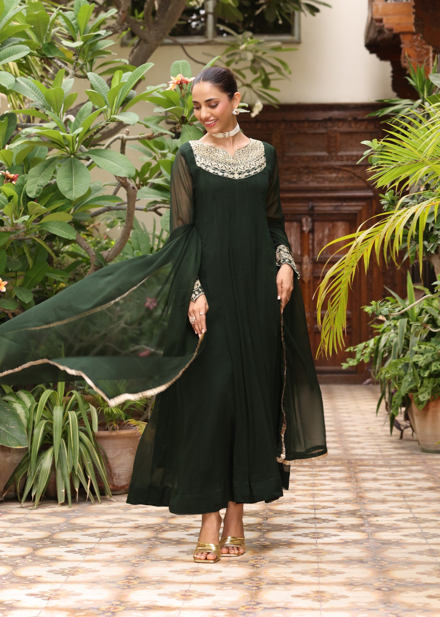 chiffon Pishwas in Dark green