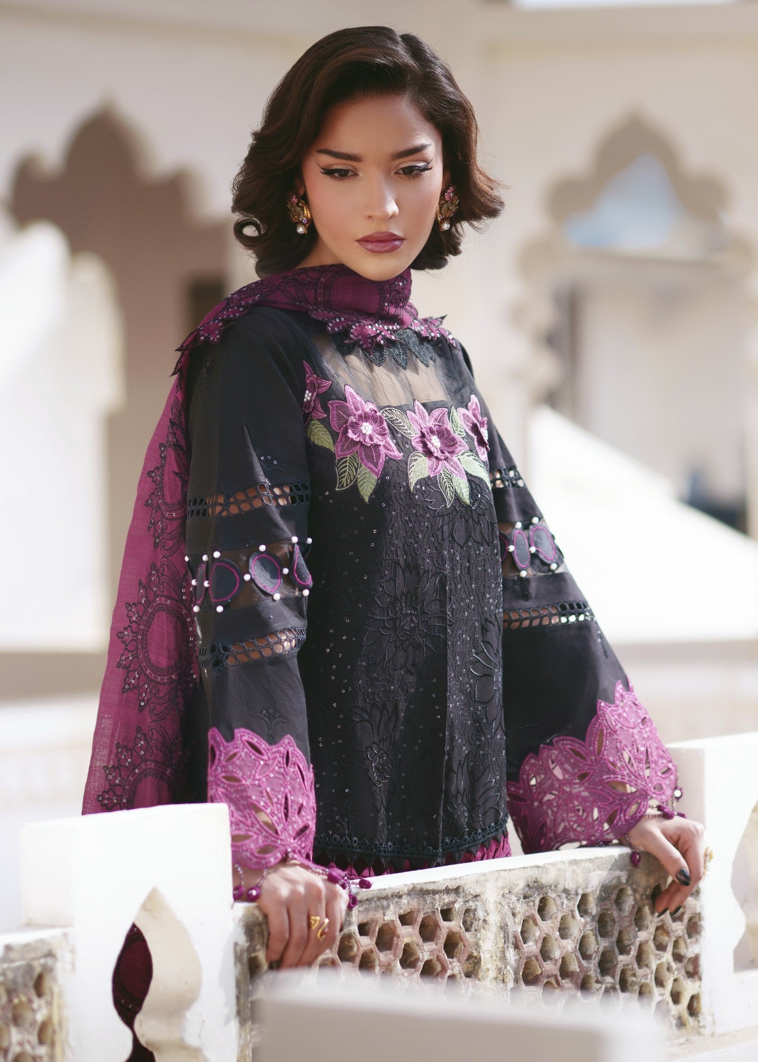 lawn Unstitched in Black, red violet