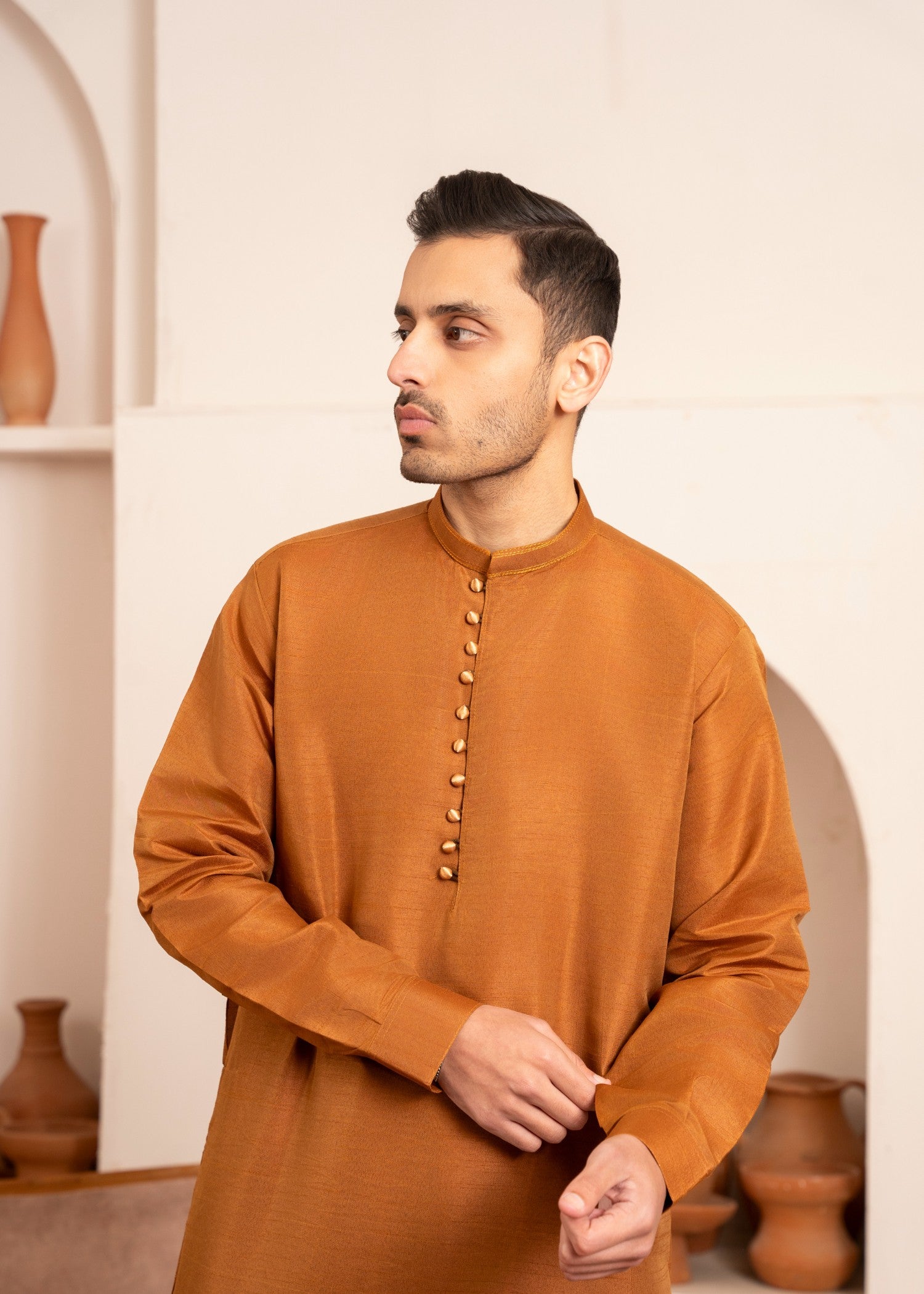 raw silk Kurta Set in Rust orange