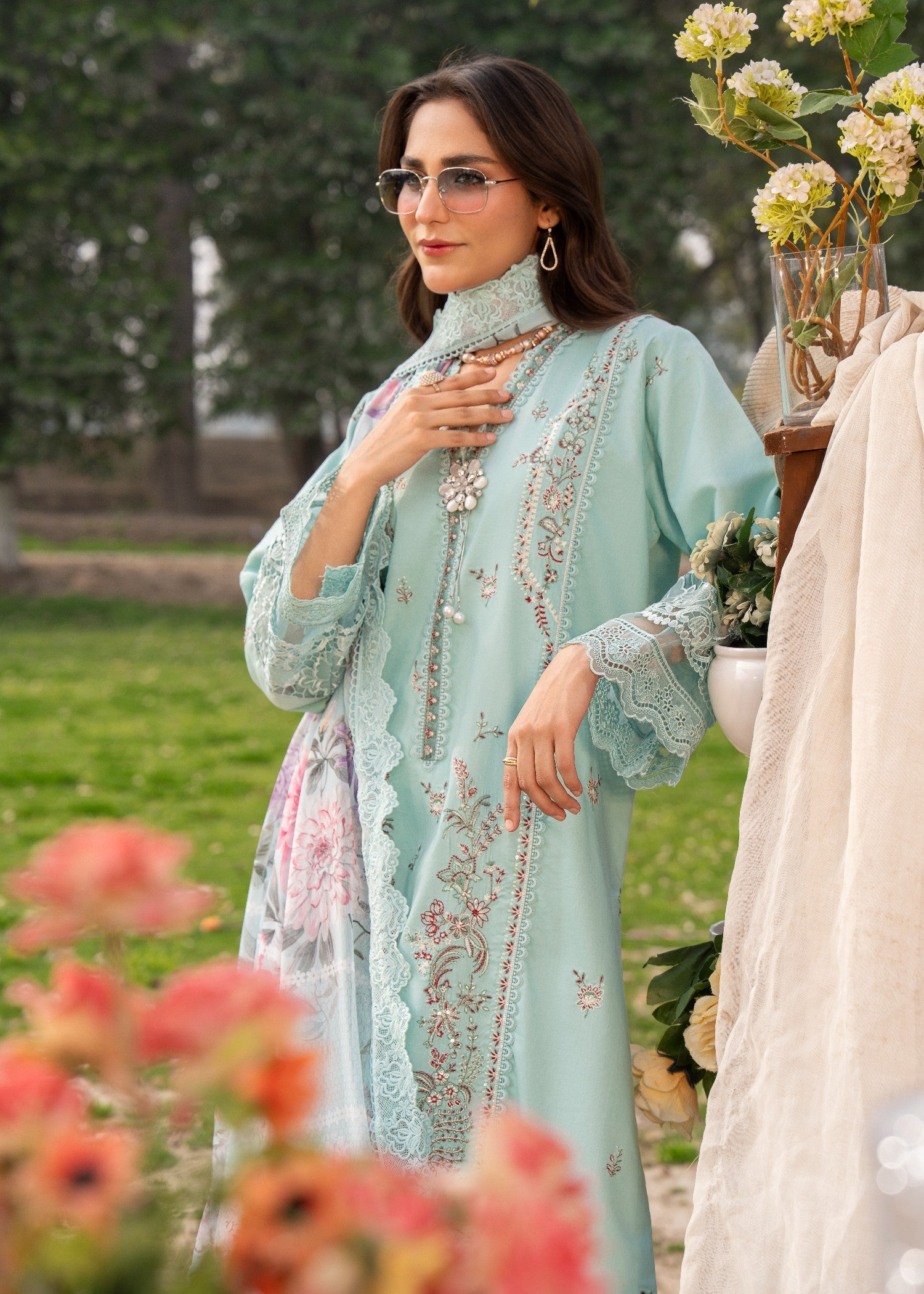 lawn Kurta Set in Light cyan