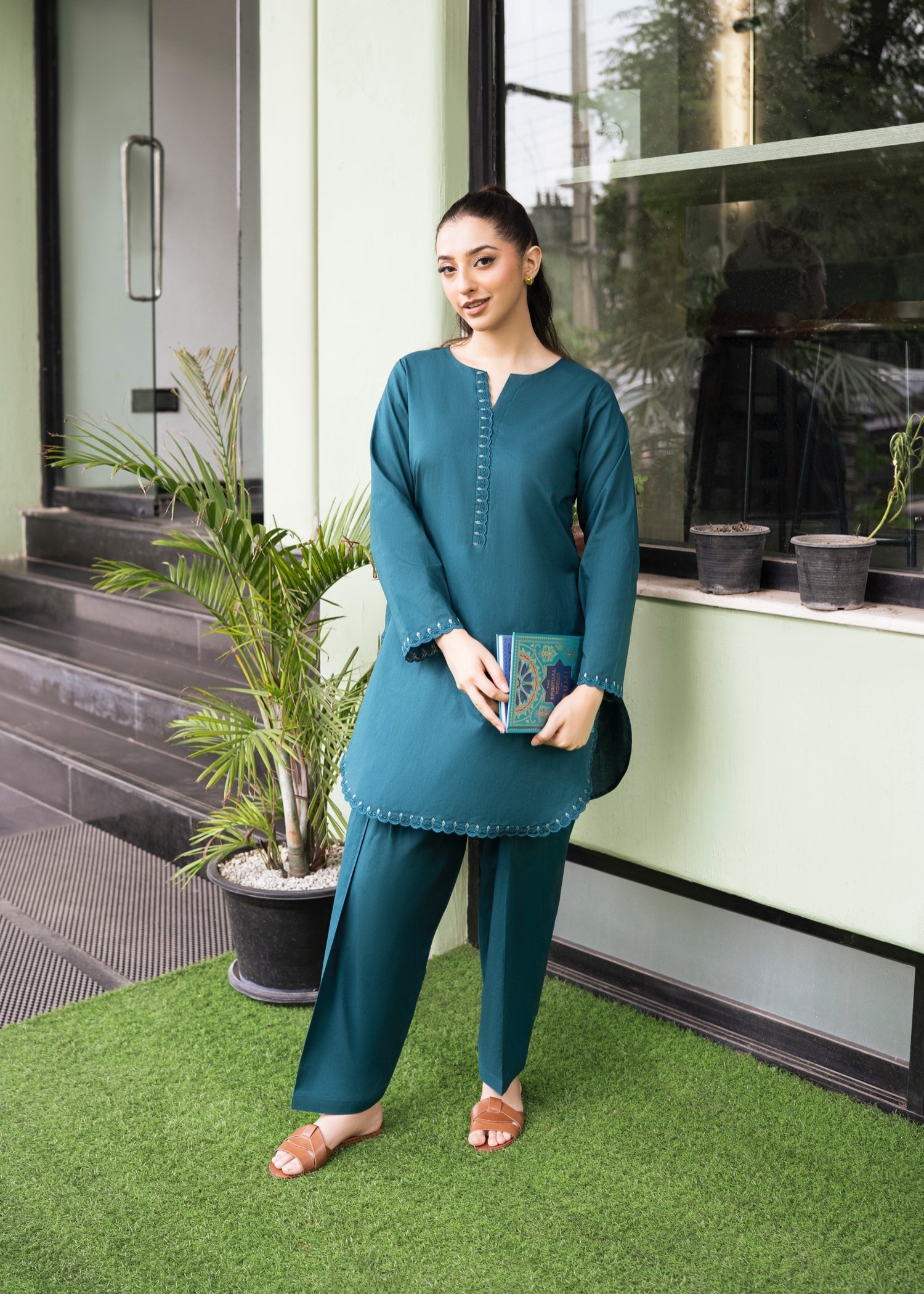 lawn cotton Kurta Set in Teal