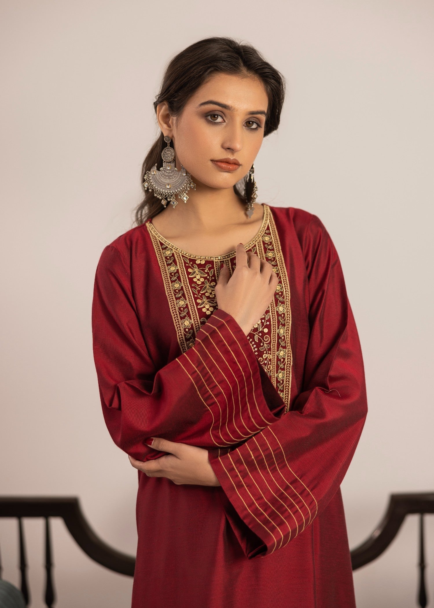 chambray Kurta Set in Red