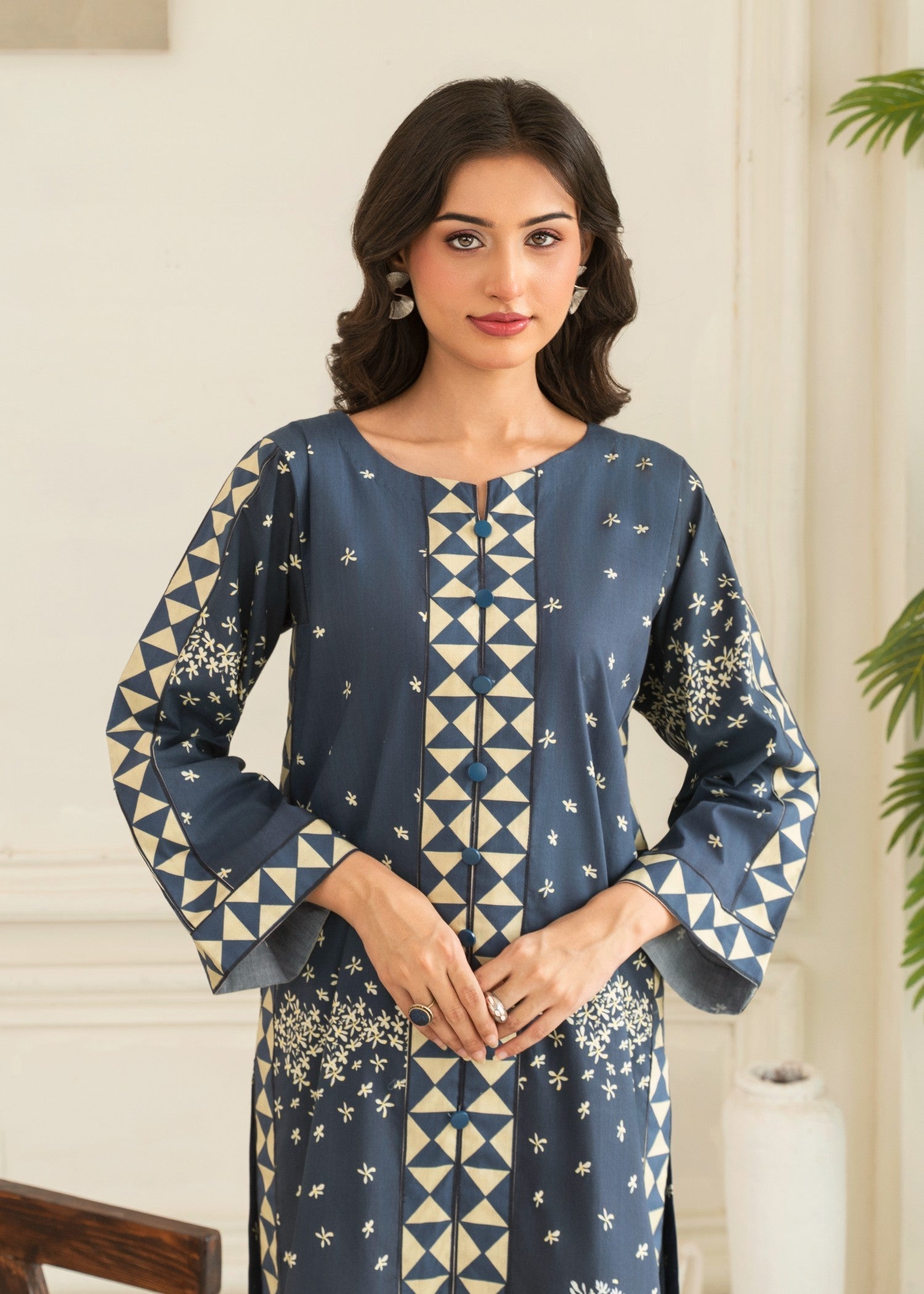 cotton Co Ord Sets in Dark blue, beige