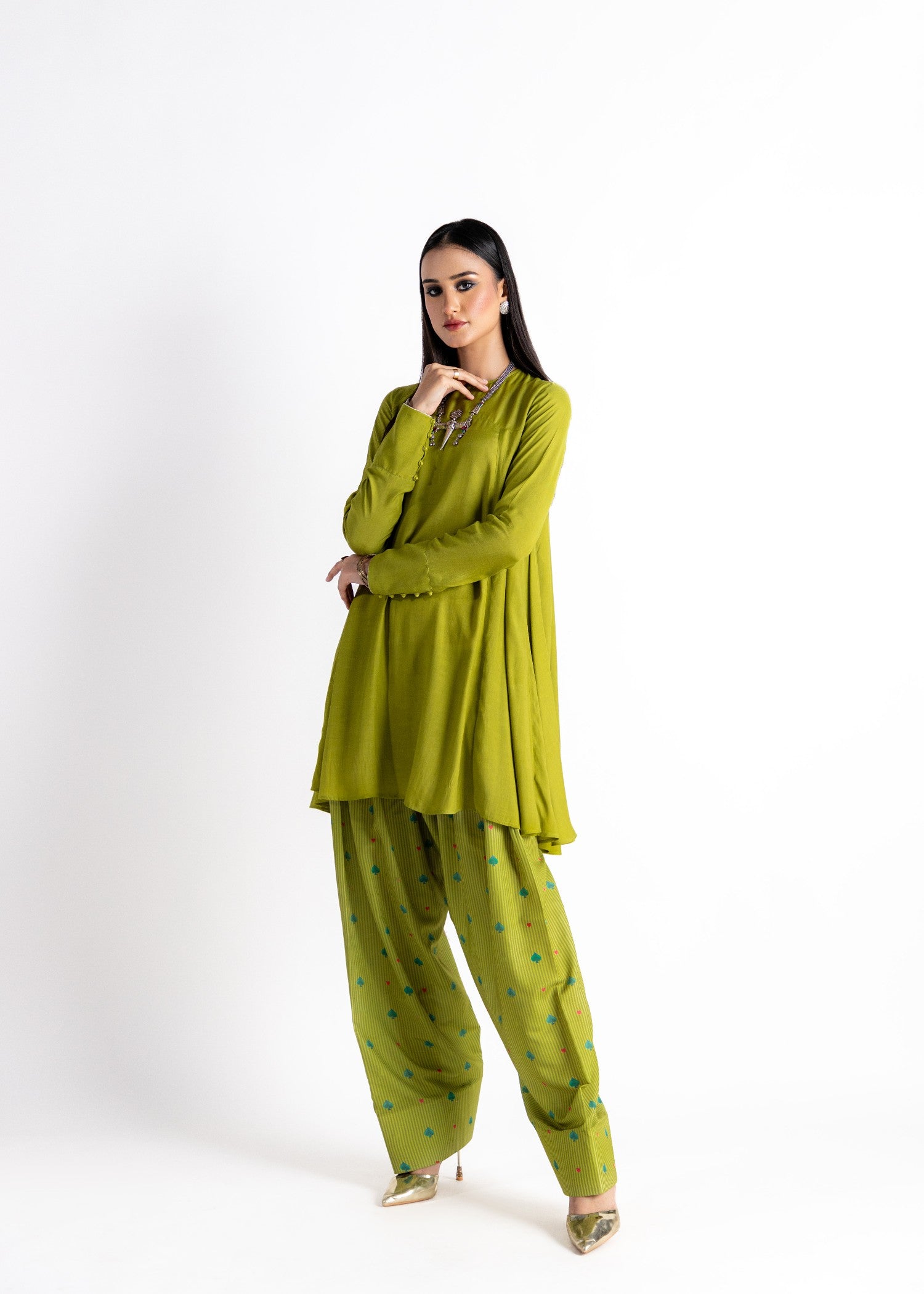 cotton silk Short Frock in Olive green