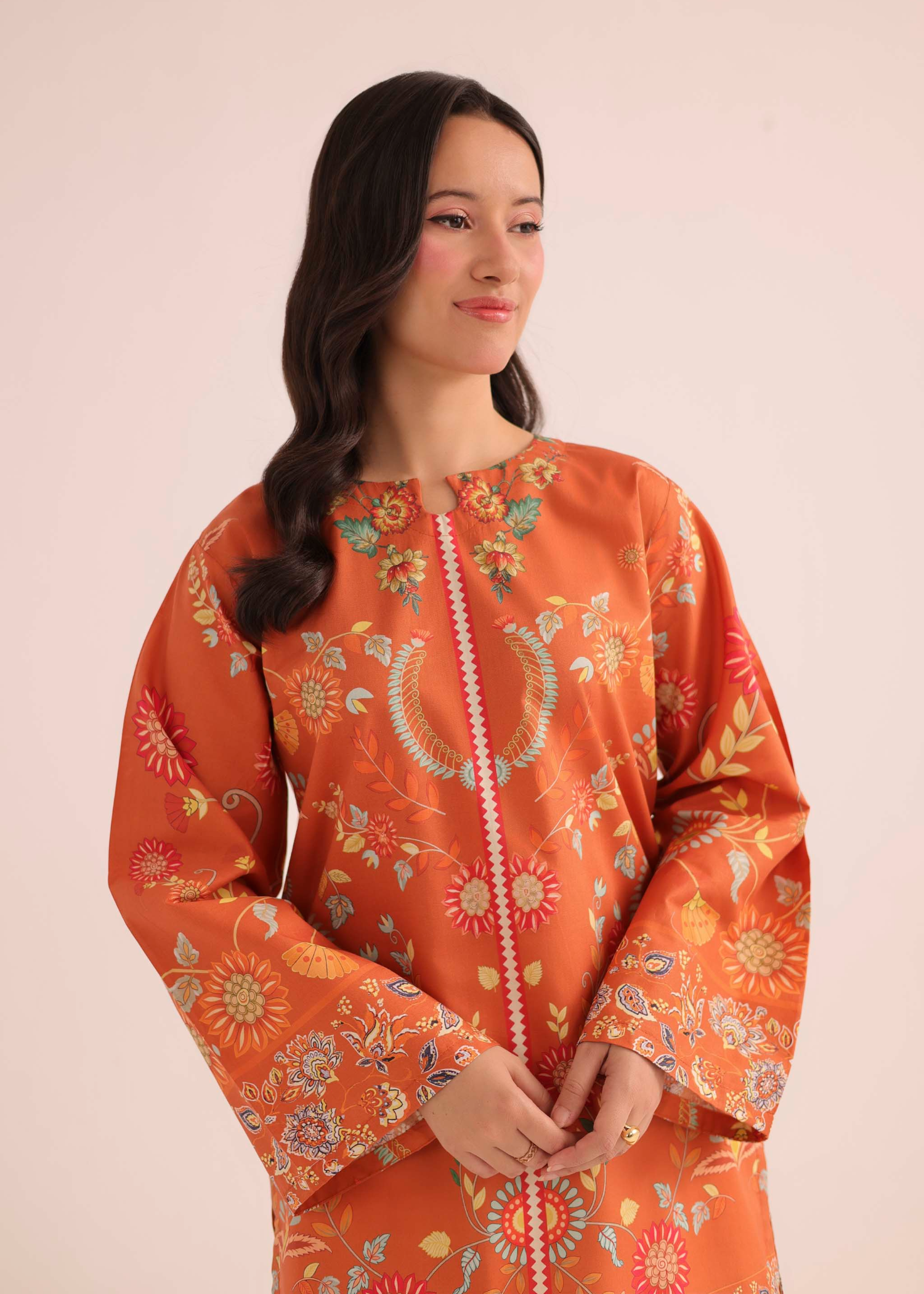 poly lawn Kurti in Sunset orange