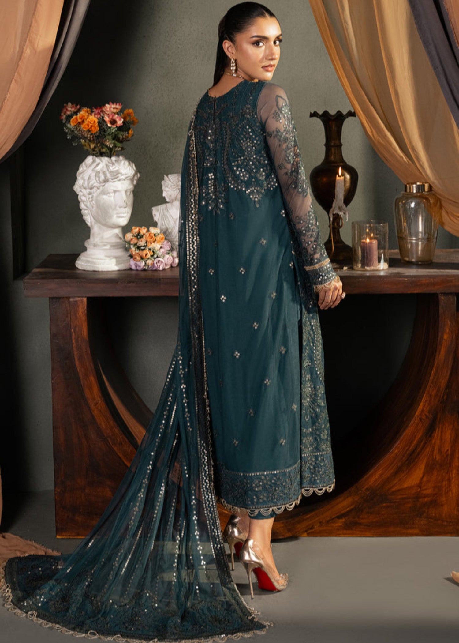 net Kurta Set in Dark green