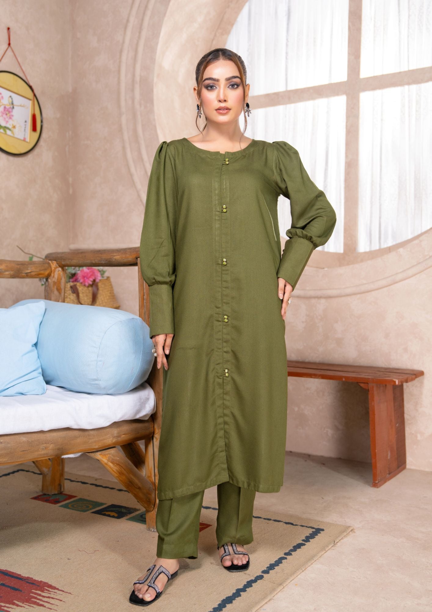 karandi Kurta Set in Olive green