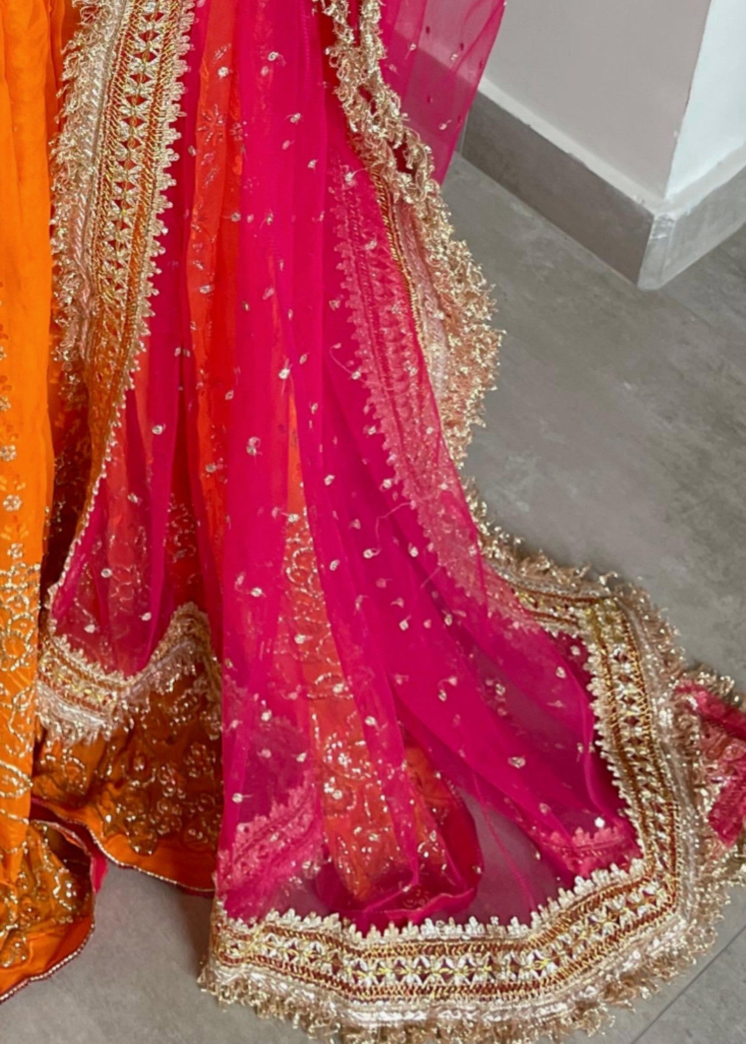 bemberg crinkle chiffon Lehenga in Hot pink, olive green, orange