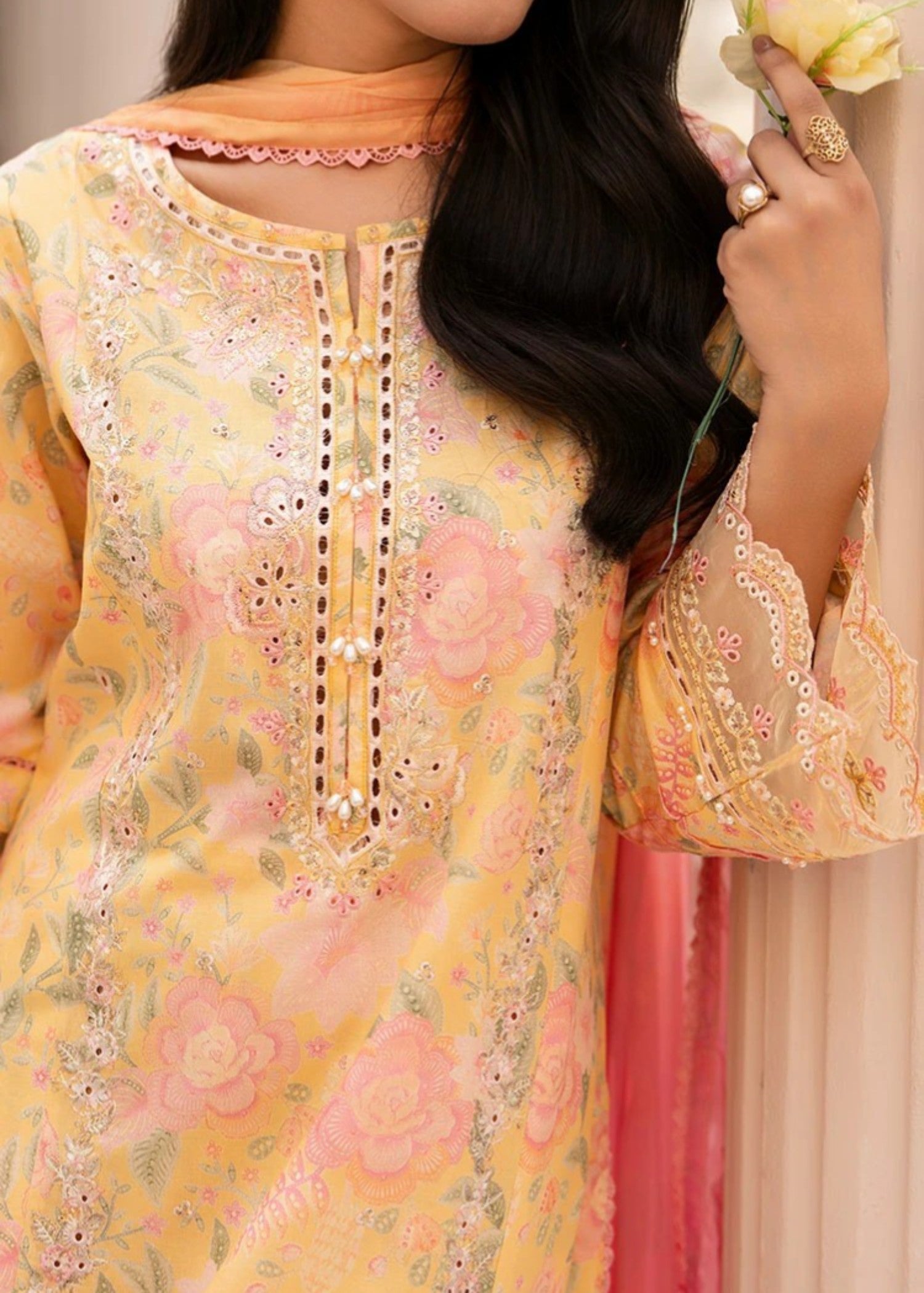 cambric Kurta Set in Light yellow